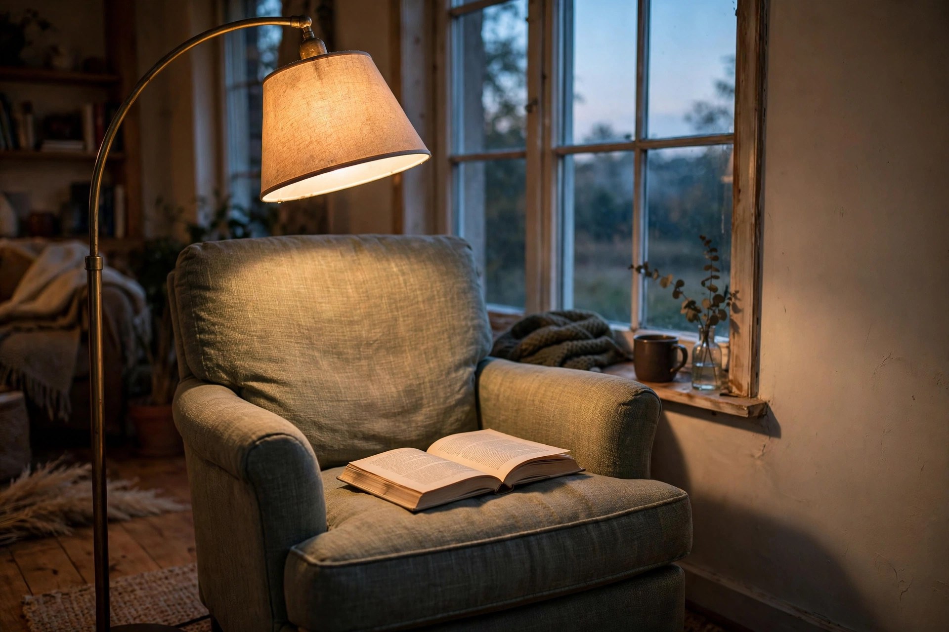 Cozy reading nook with an arched floor lamp standing behind the chair so light falls over the shoulder