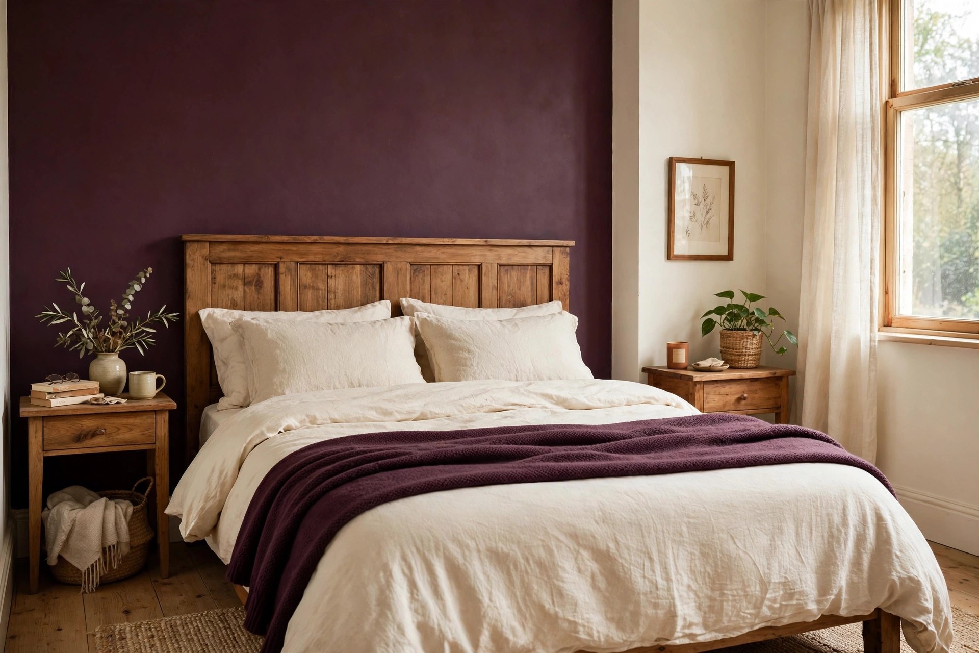 Deep plum accent wall behind the bed in a plum noir bedroom with cream walls