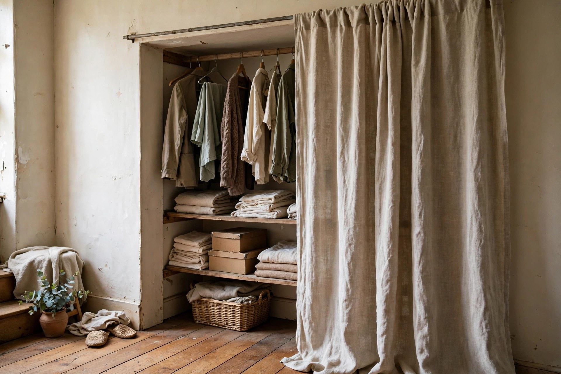Alcove turned into a curtain-fronted wardrobe, a no closet bedroom storage idea with shelves inside