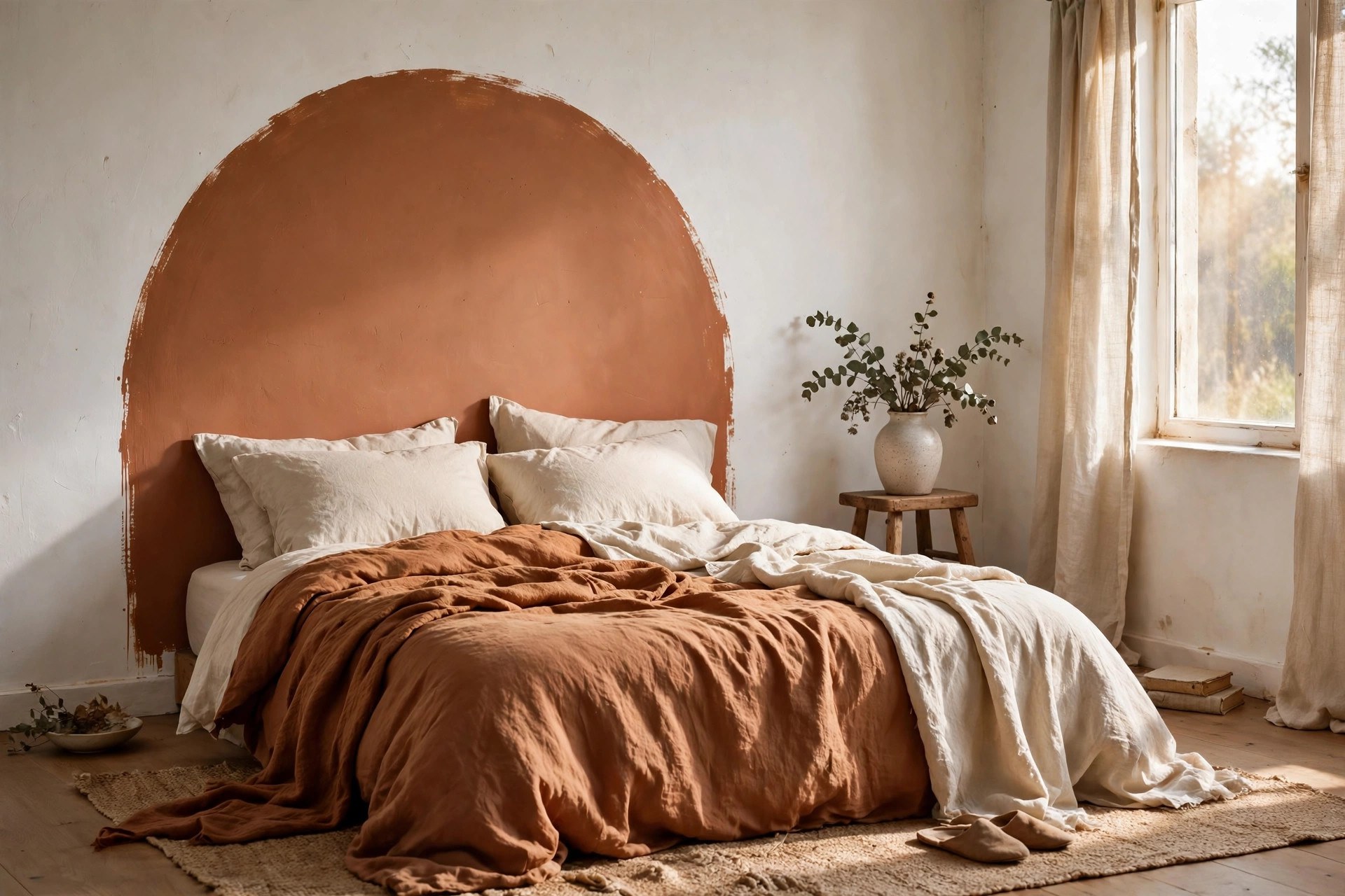 Terracotta painted arch faux headboard behind the pillows of a bed with no headboard