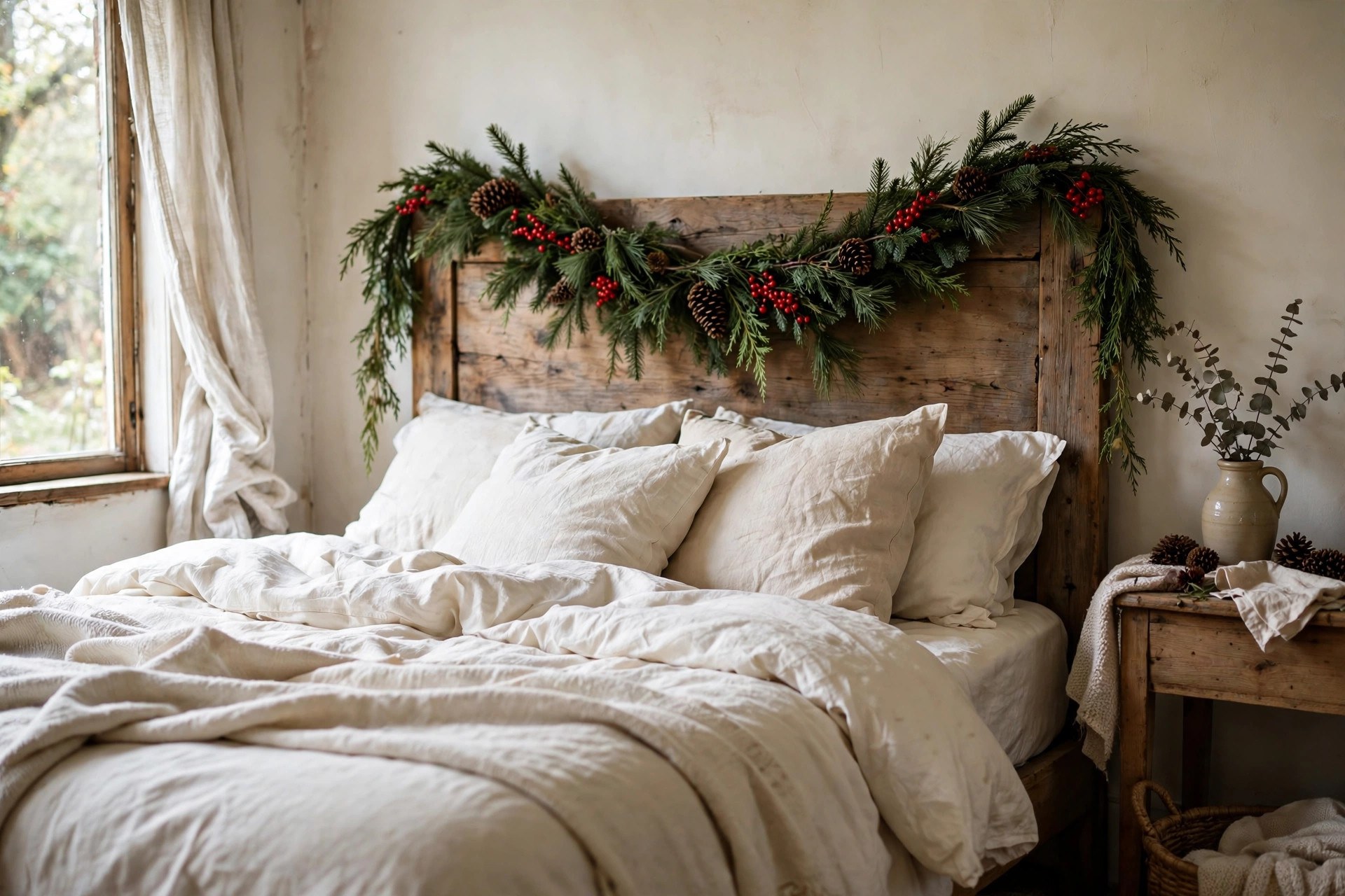 Fresh evergreen garland draped over a wooden headboard in a cozy Christmas bedroom