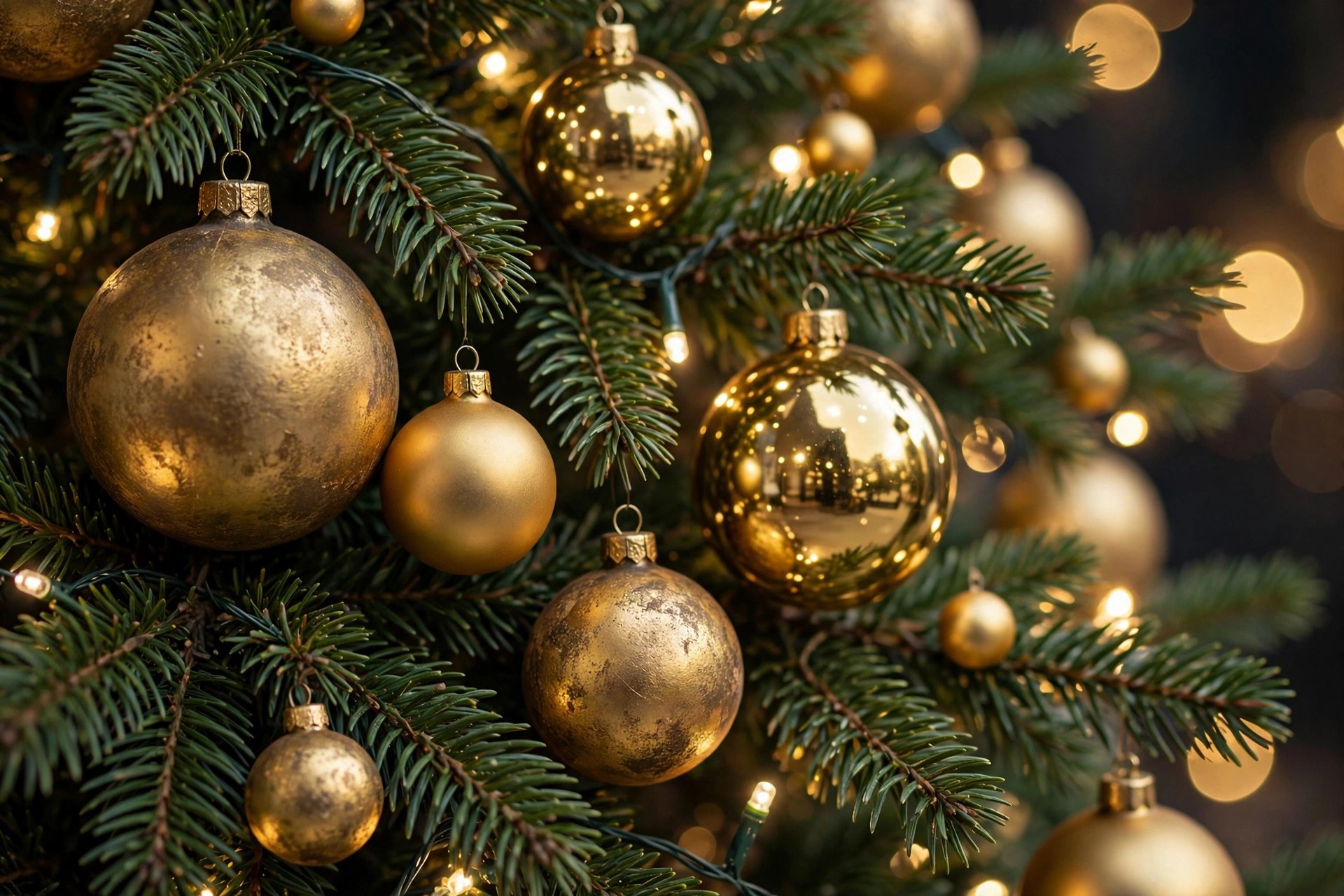 Close-up of gold Christmas ornaments in matte, shiny and antique finishes hanging on a tree
