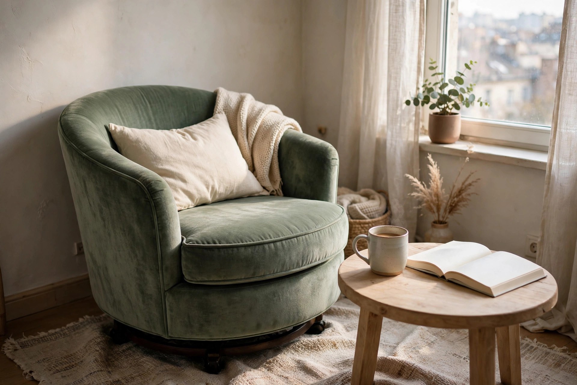 Sage green velvet swivel barrel chair, a small space reading chair beside a round wooden side table with a mug and open book
