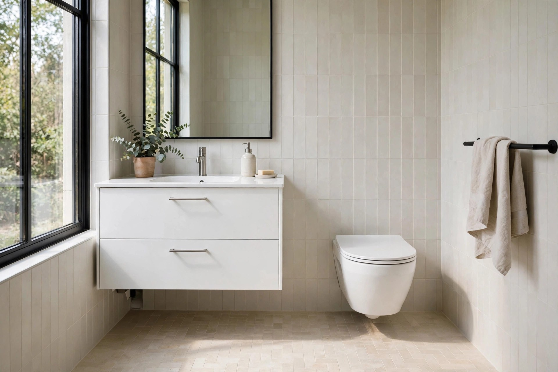 Wall-hung vanity and toilet with visible floor underneath in a small bathroom