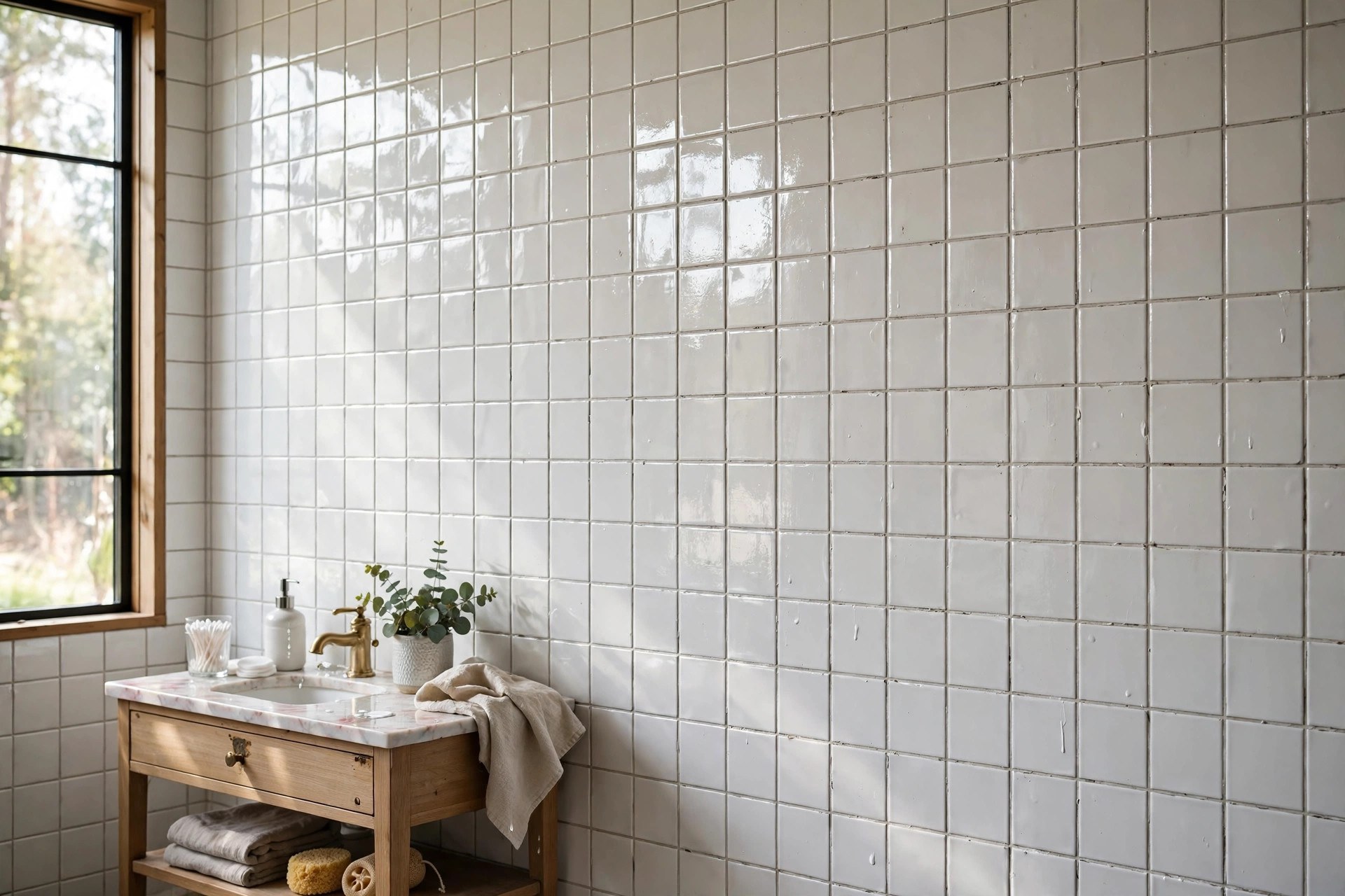 Wall of dated bathroom tiles painted glossy white in a low-cost bathroom refresh