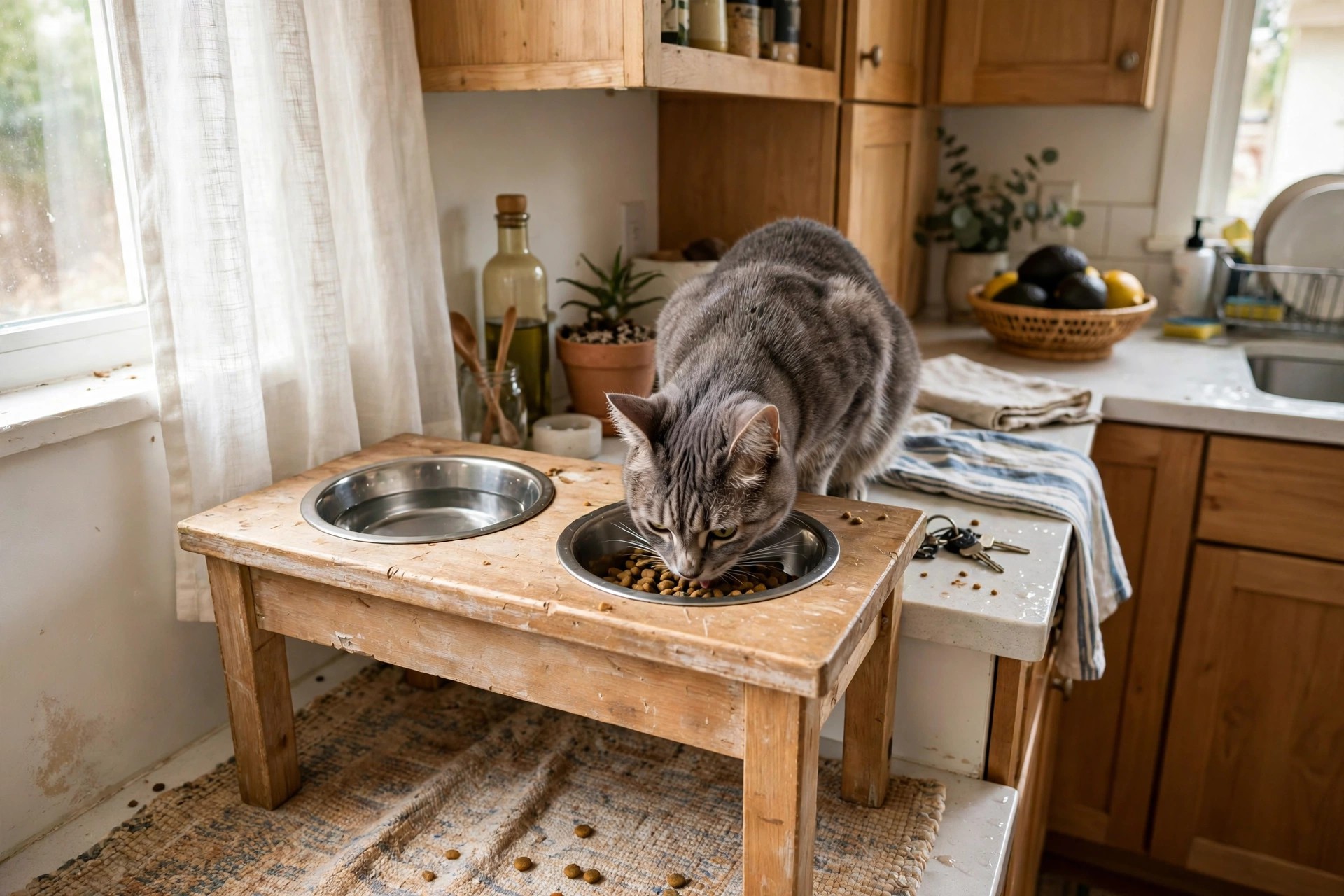 Raised wooden pet feeding stand with two stainless steel bowls in a bright kitchen