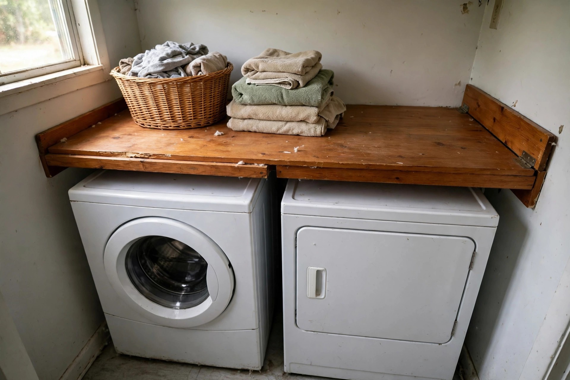 Side-by-side washer and dryer under a wooden folding counter in a laundry closet
