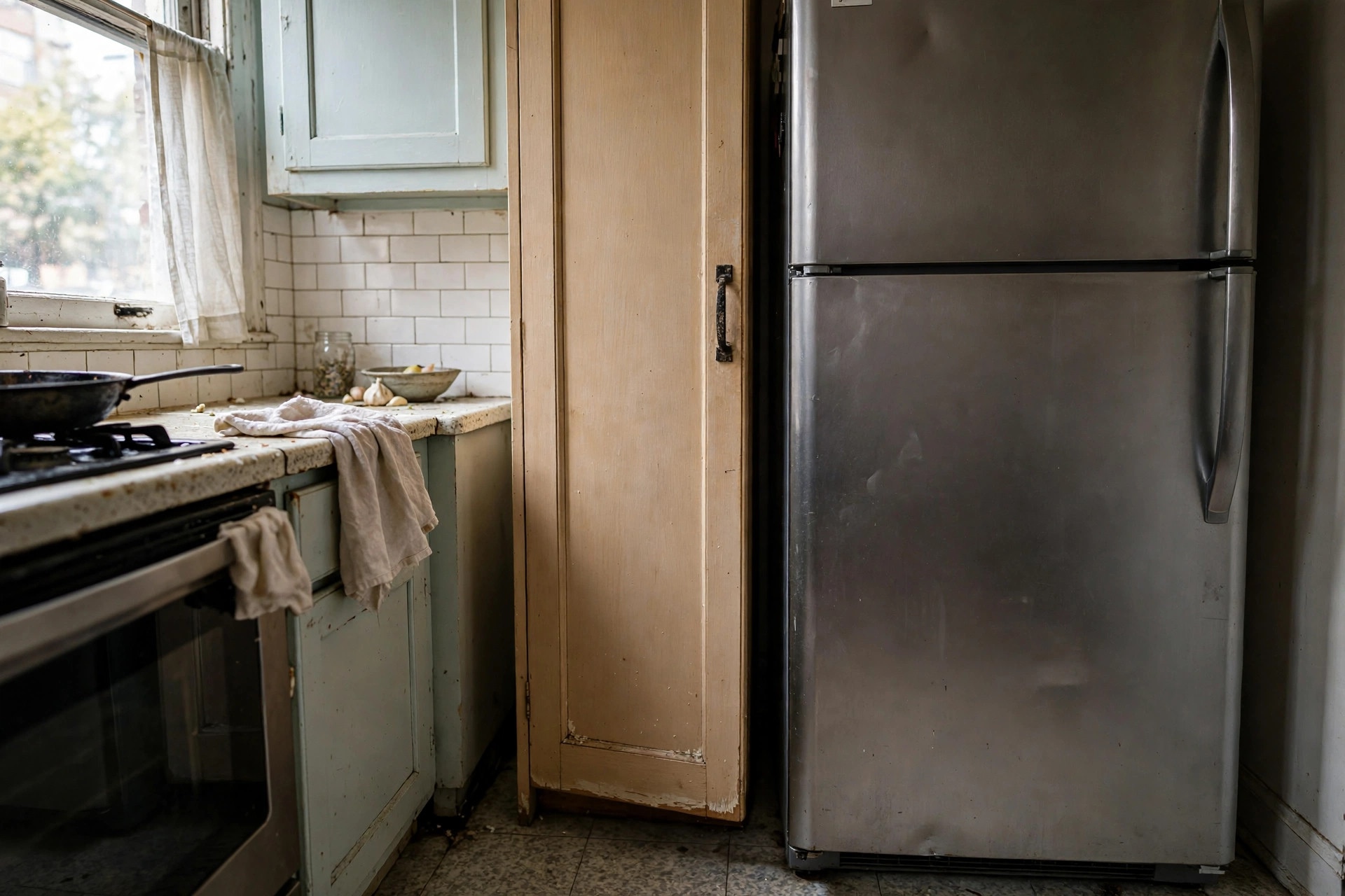 Tall narrow larder cabinet in a slim gap in a small apartment kitchen