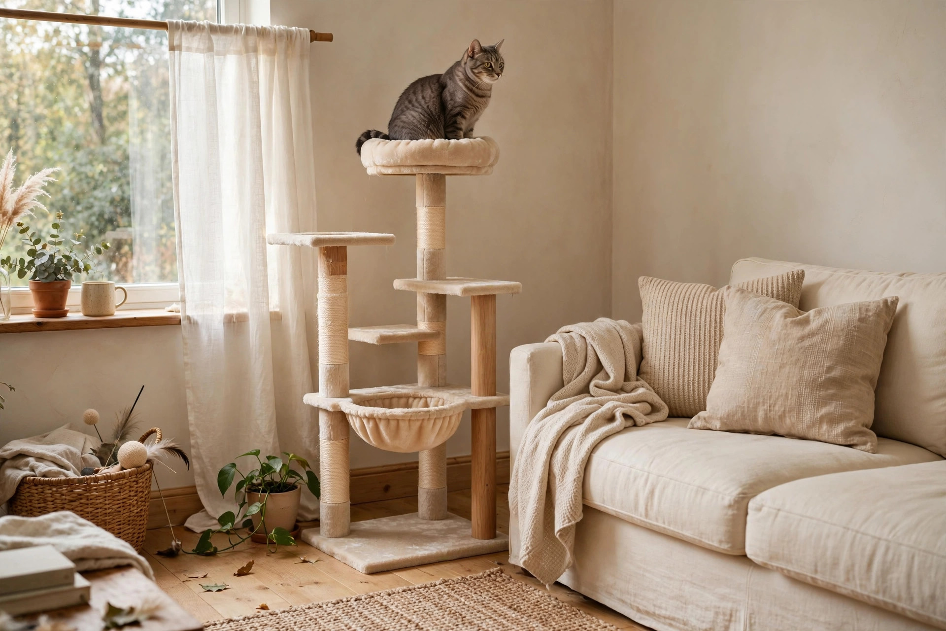 Tall cat tree in warm beige and wood tones beside a sofa matching the living room colour palette