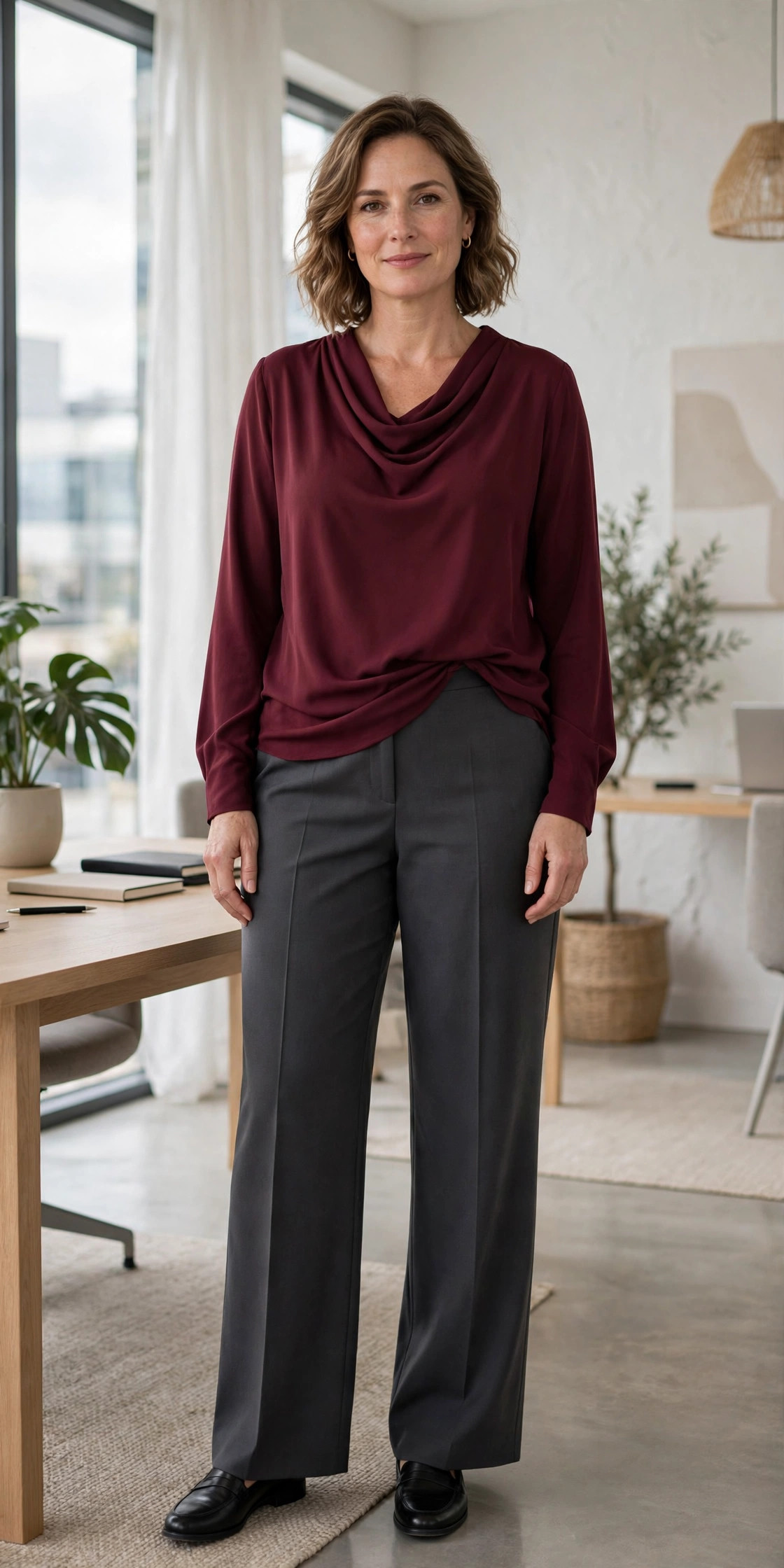 Woman in charcoal high-rise wide-leg trousers with a burgundy draped blouse, a tummy-friendly work outfit