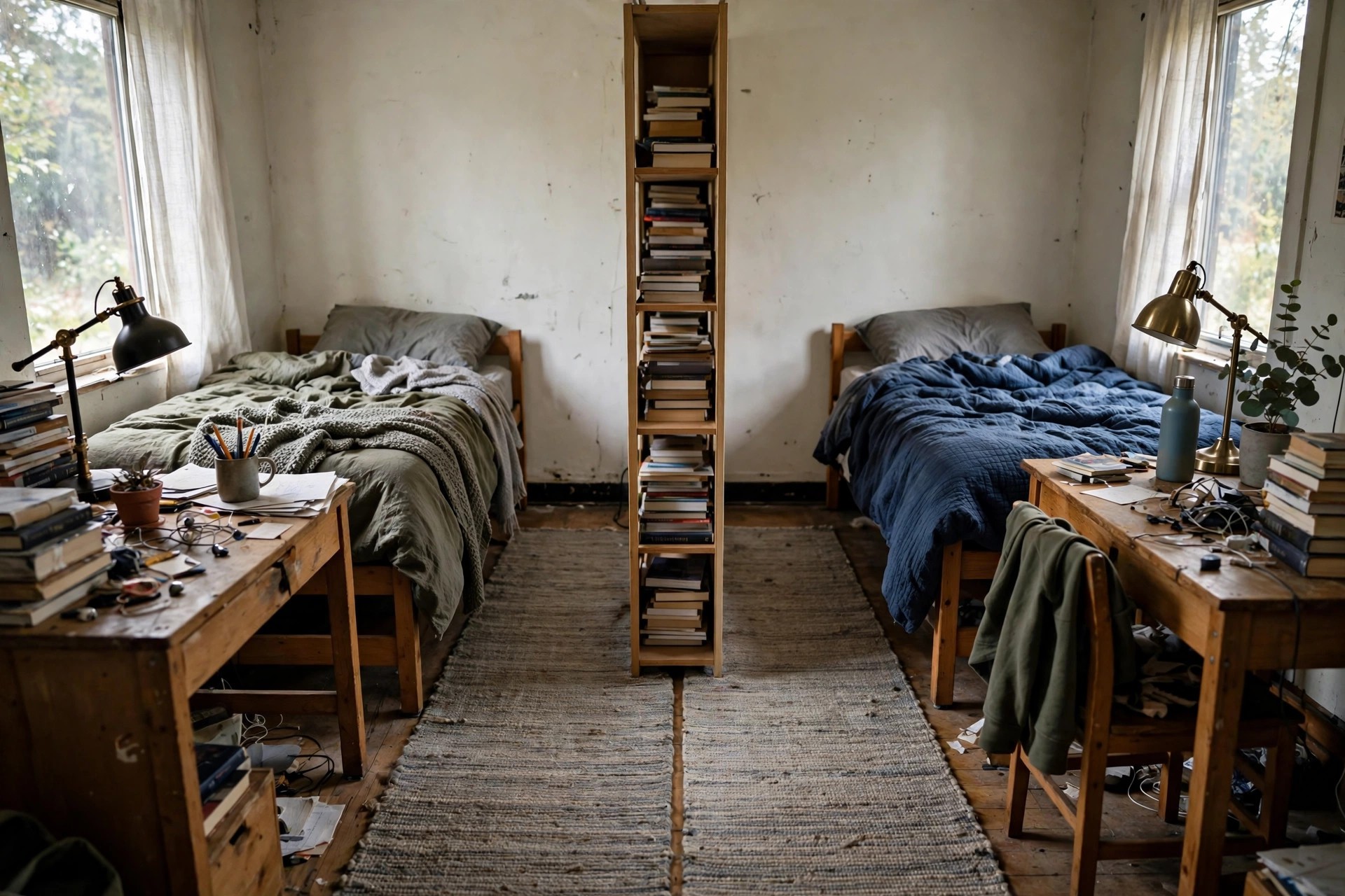Shared dorm room divided down the middle by a long rug and slim bookcase with a bed and desk on each side