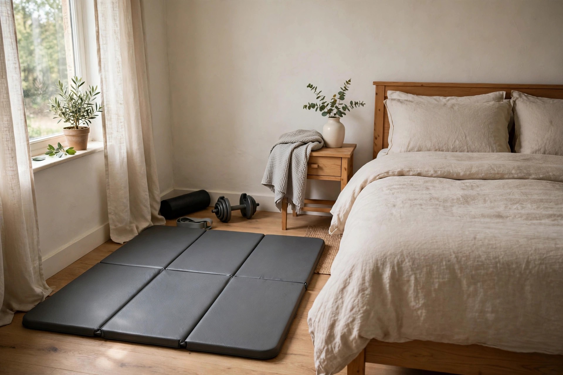Foldable exercise mat laid out in a small bedroom gym corner next to a neatly made bed