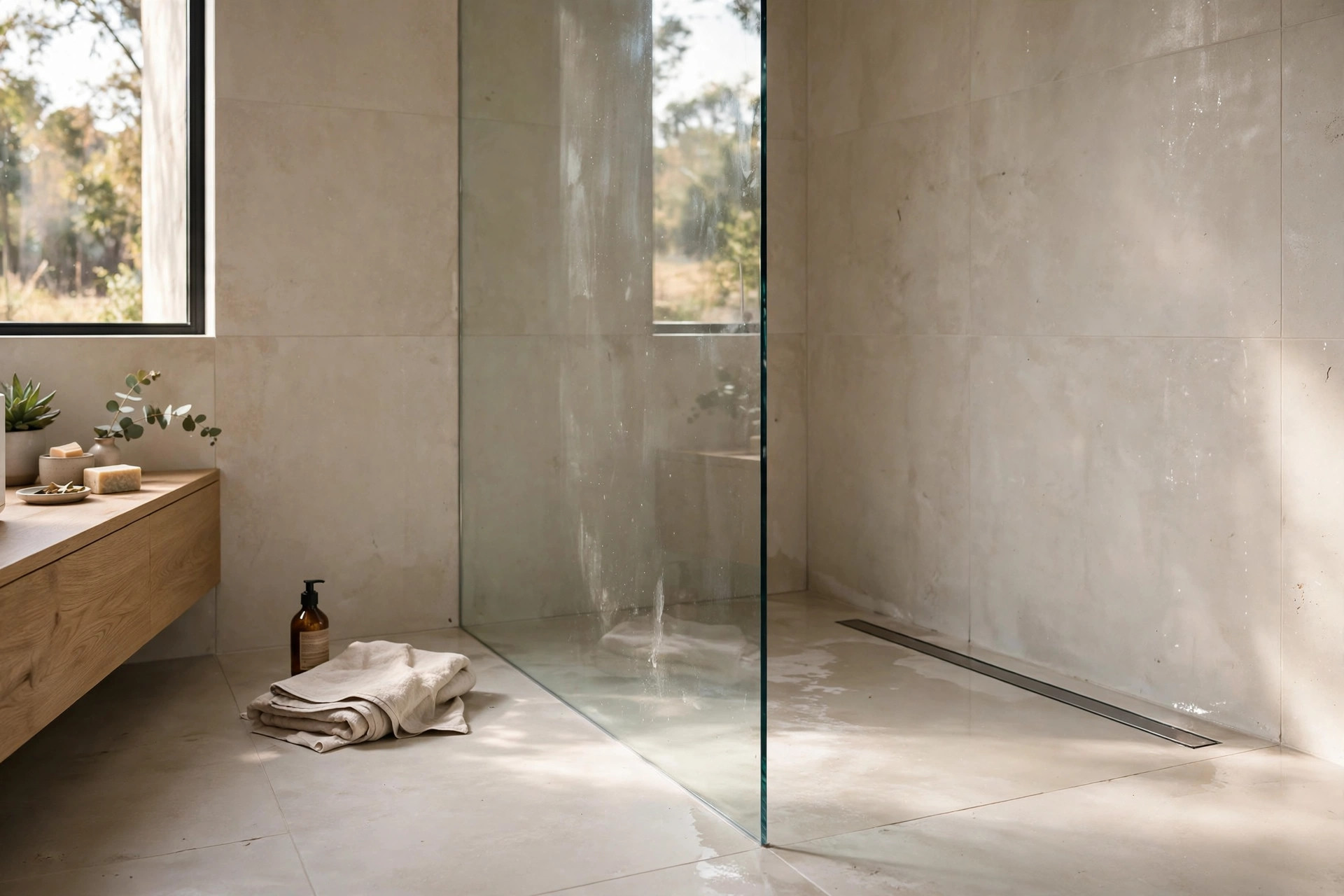 Curbless walk-in shower with a level entry and no step in an aging in place bathroom for elderly parents