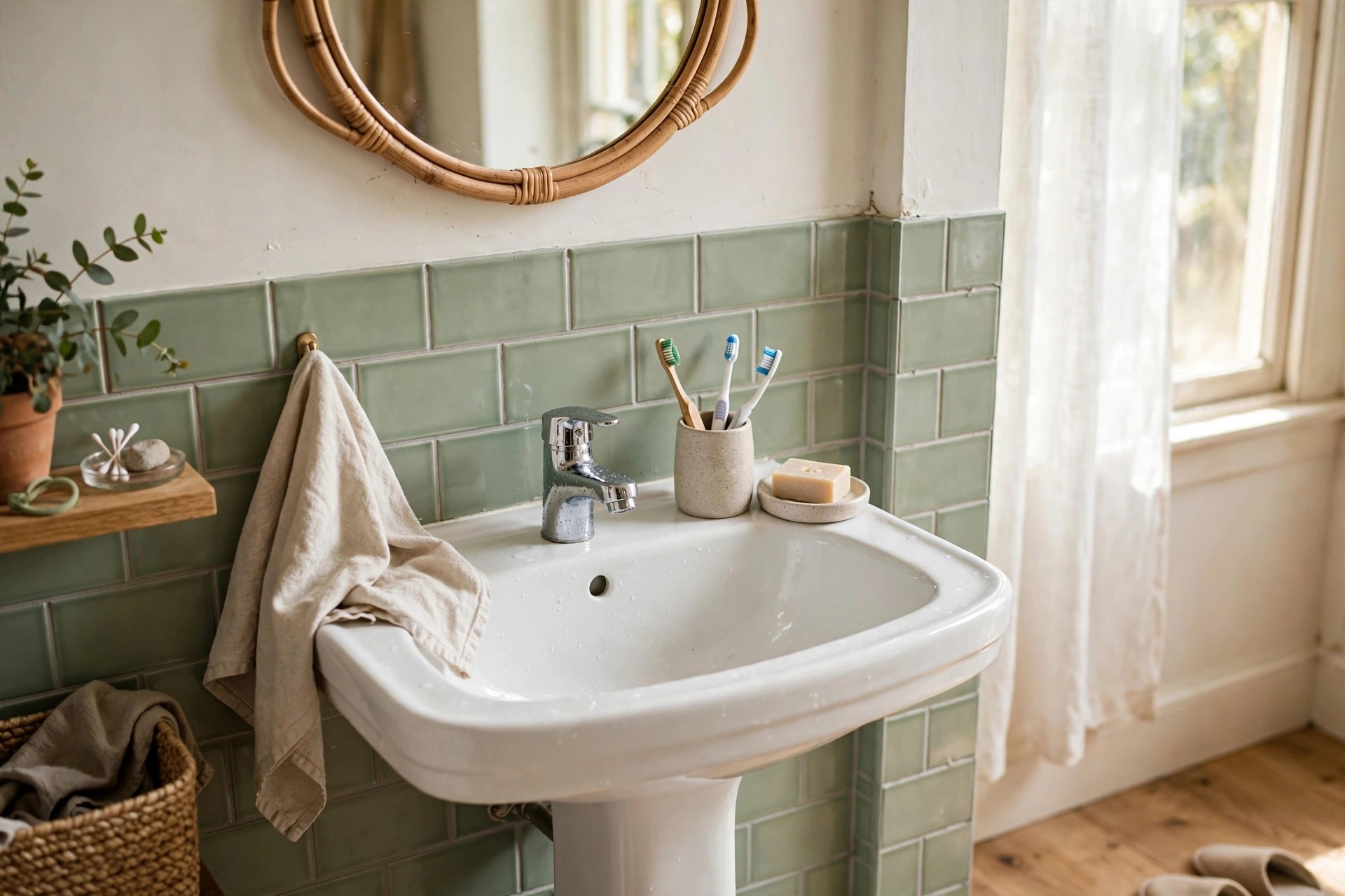 Soft sage peel-and-stick splashback tiles behind a white basin in a renter friendly bathroom idea with no drilling