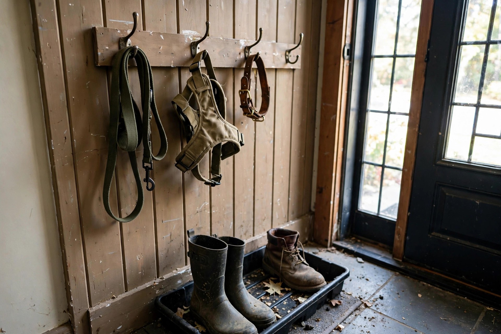 Leash hooks and a boot tray in a mudroom corner entryway idea for dog owners