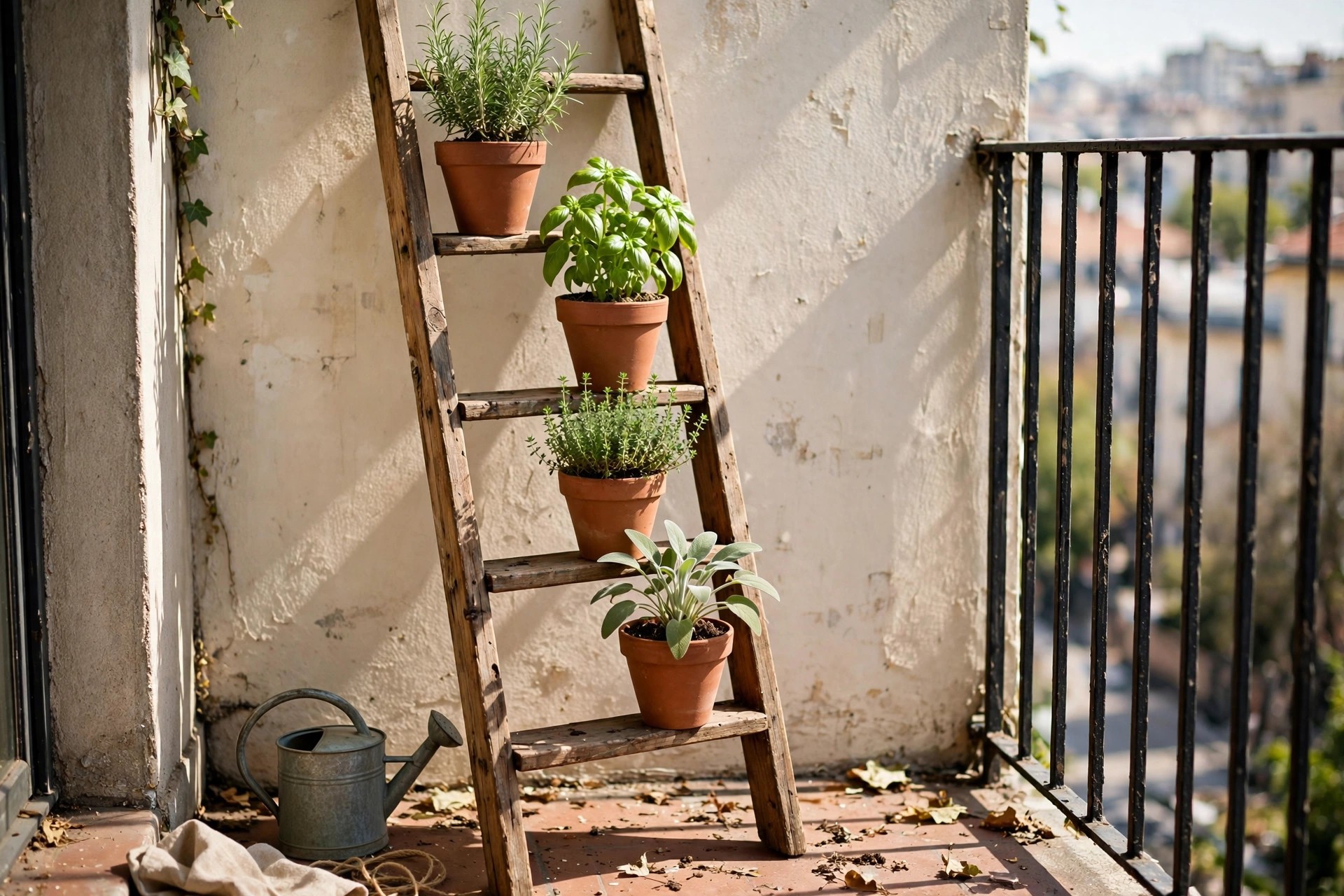 Terracotta pots of basil and rosemary on a ladder shelf in a balcony herb garden for apartments