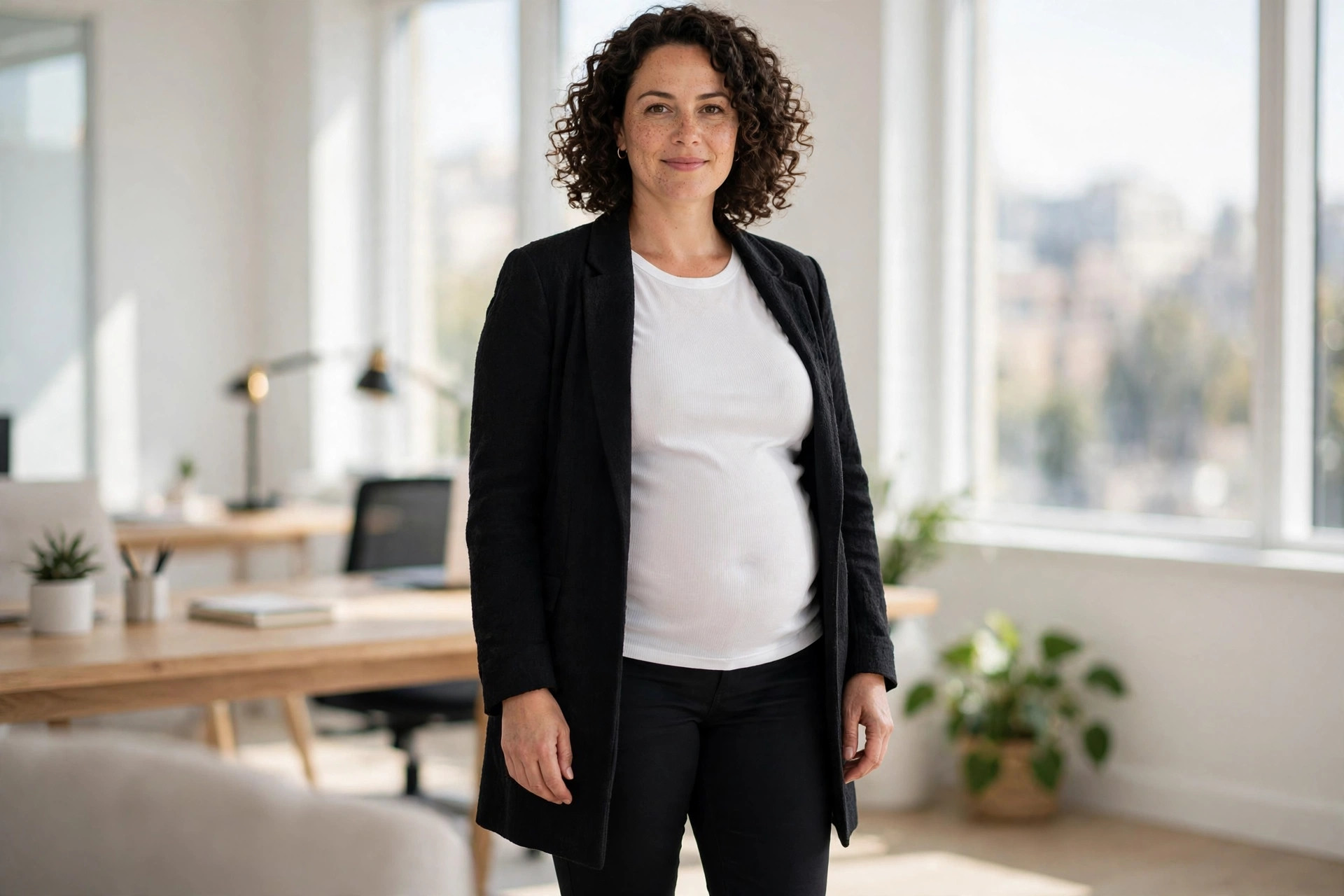 Apple shaped woman in a long black blazer over a white top with slim black ankle pants in a modern office