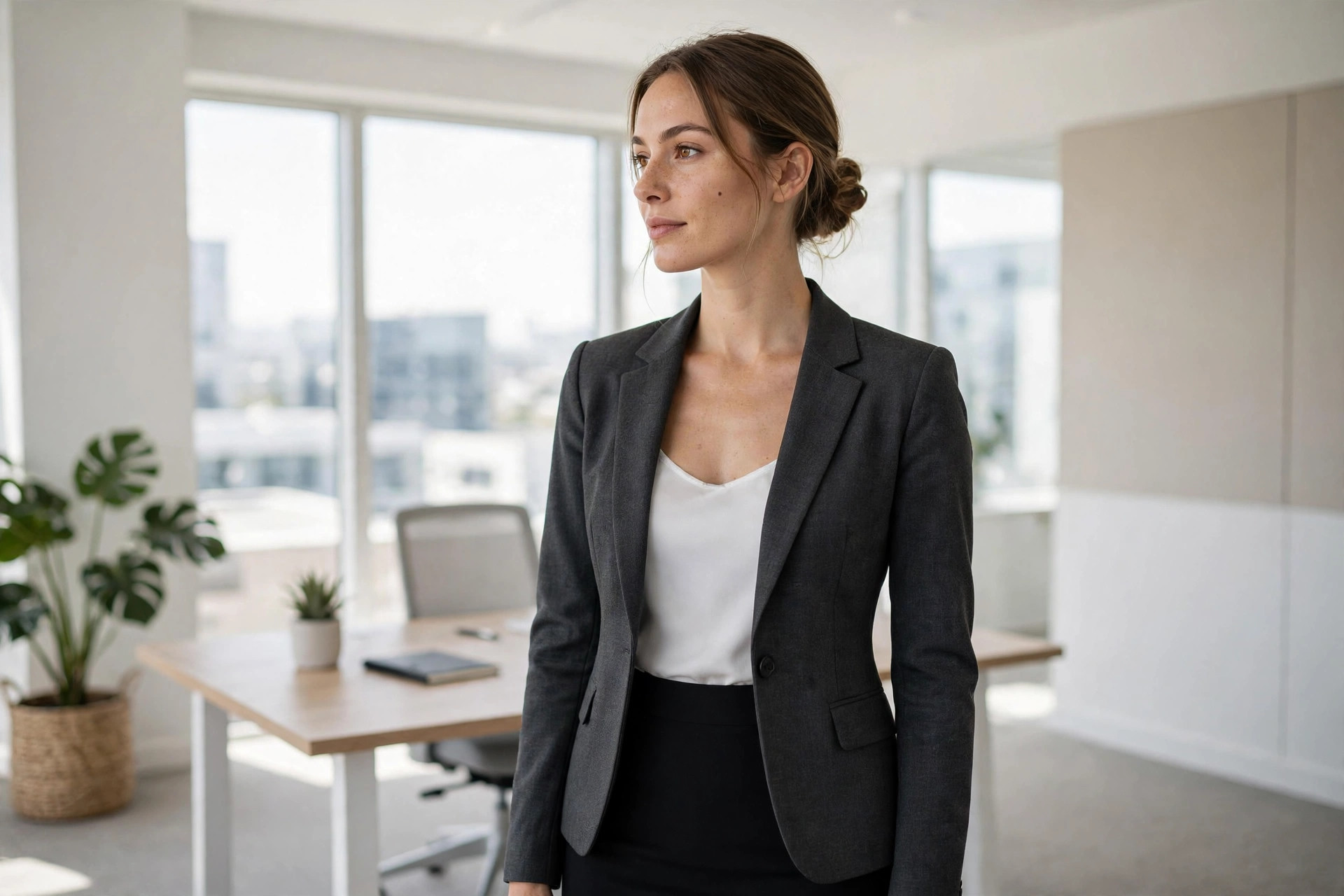 Hourglass woman in a fitted charcoal blazer, white camisole and black pencil skirt in an office