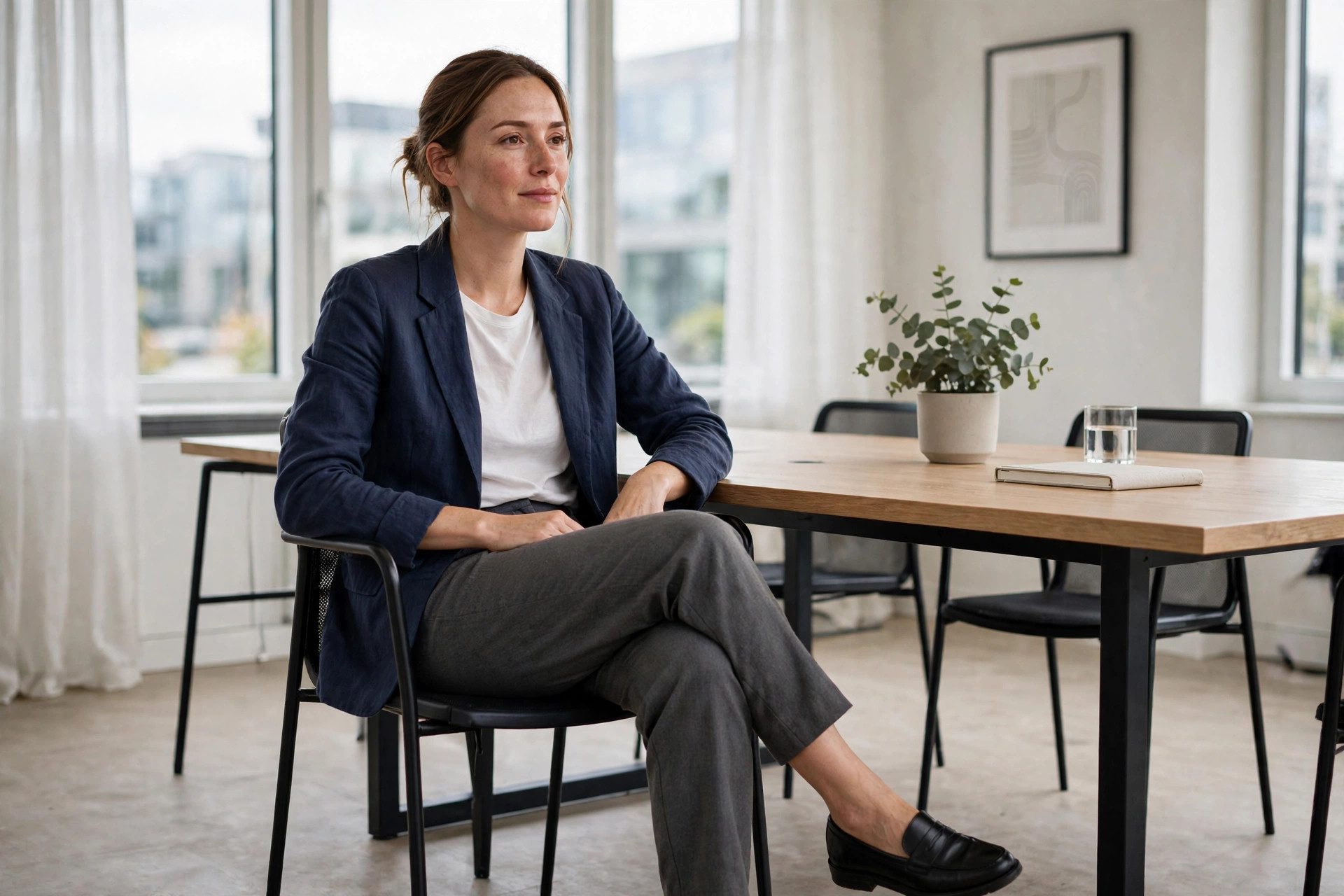 Woman in a navy soft blazer, white top and grey straight-leg trousers sitting at an office meeting table