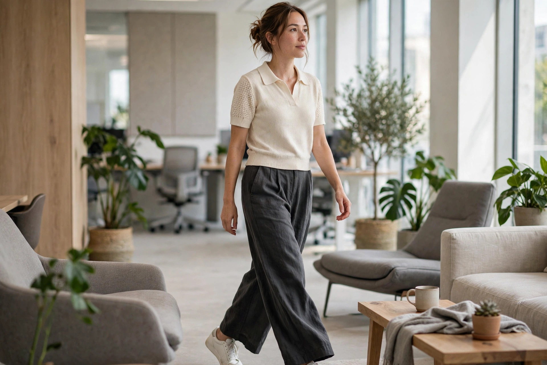 Cream knit polo tucked into charcoal wide-leg trousers with white sneakers in an office lounge