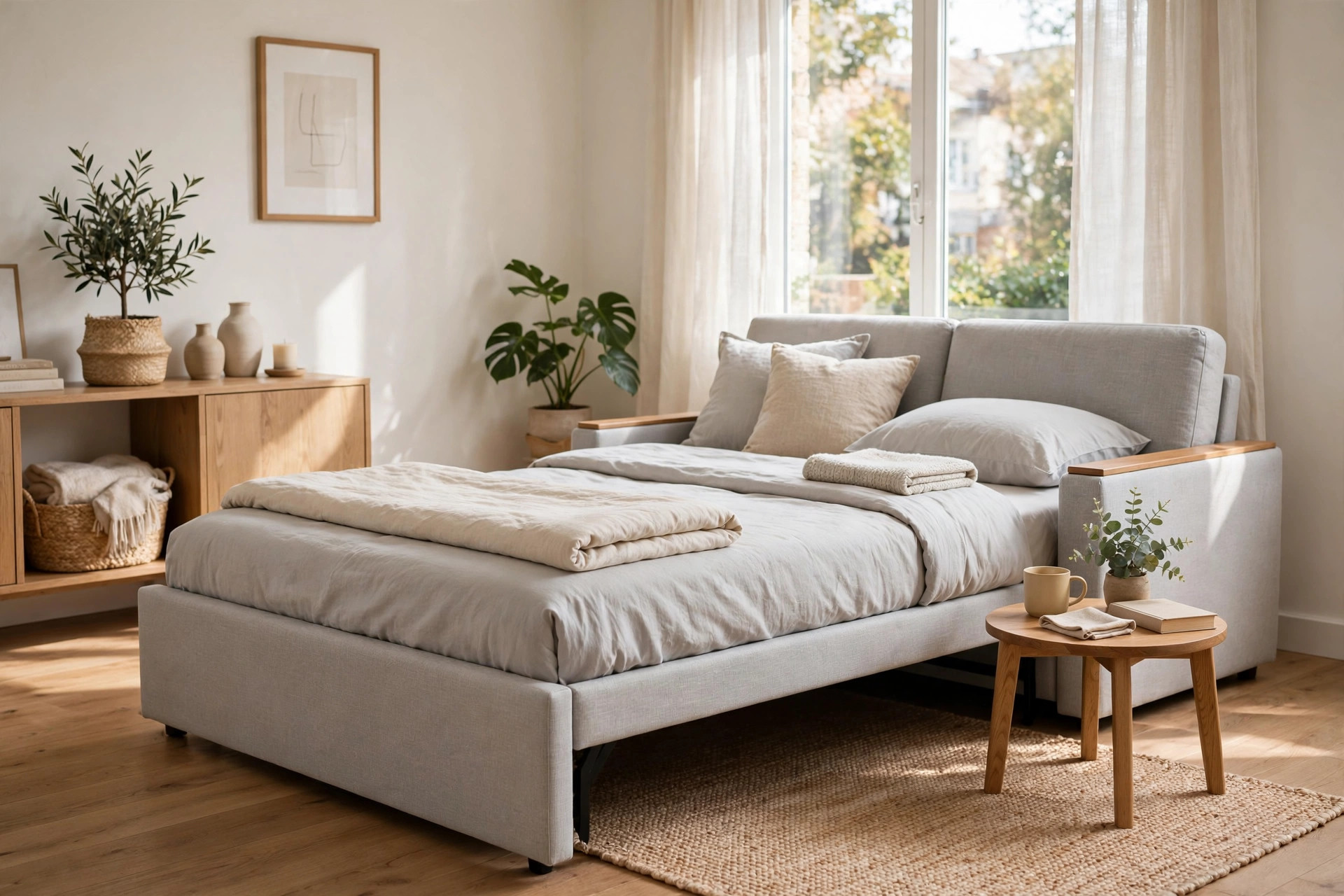 Light grey sleeper sofa opened into a neatly made guest bed with pillows and folded bedding in a bright apartment living room