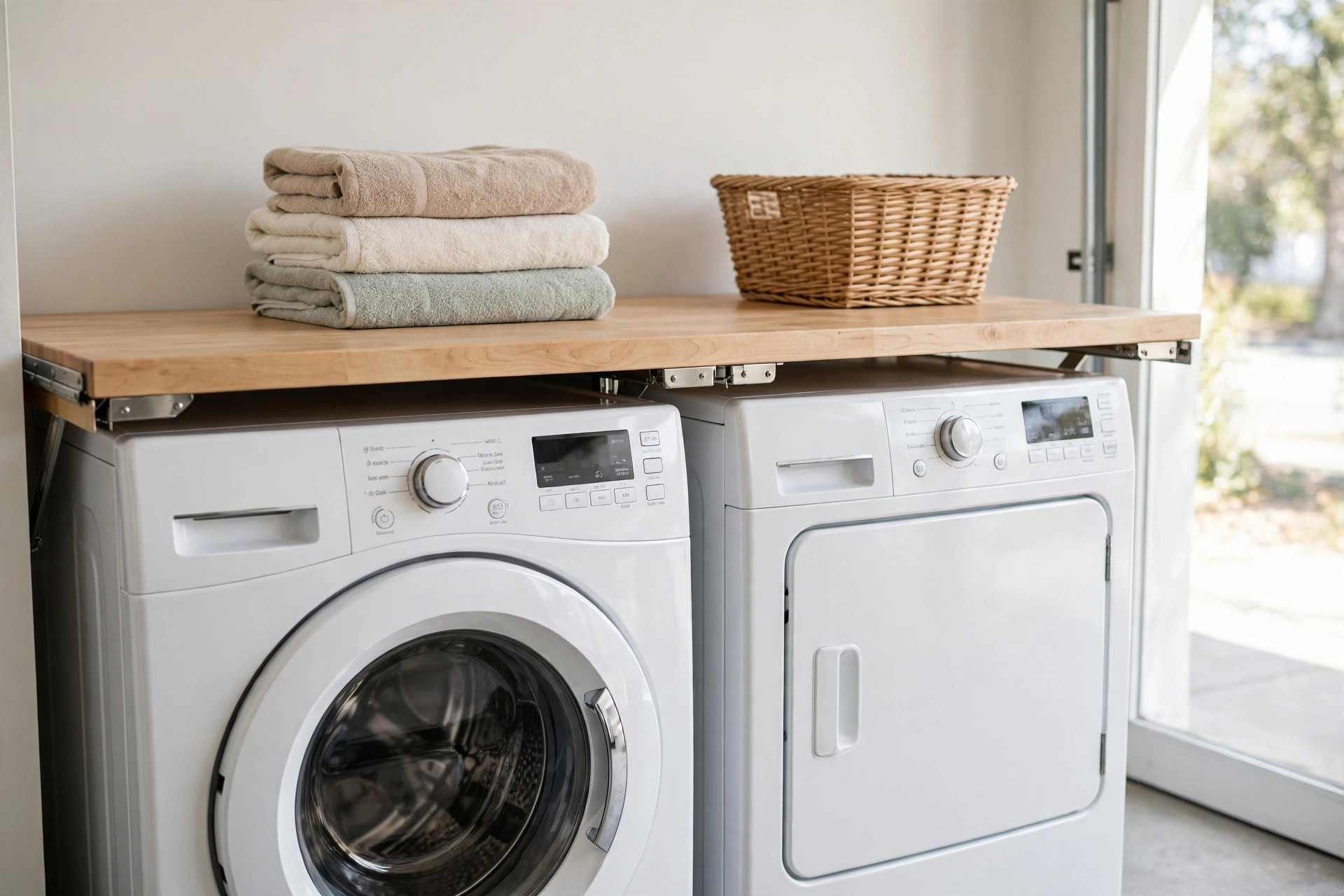 Light wood folding counter fitted over side-by-side washer and dryer with folded towels and a woven basket on top