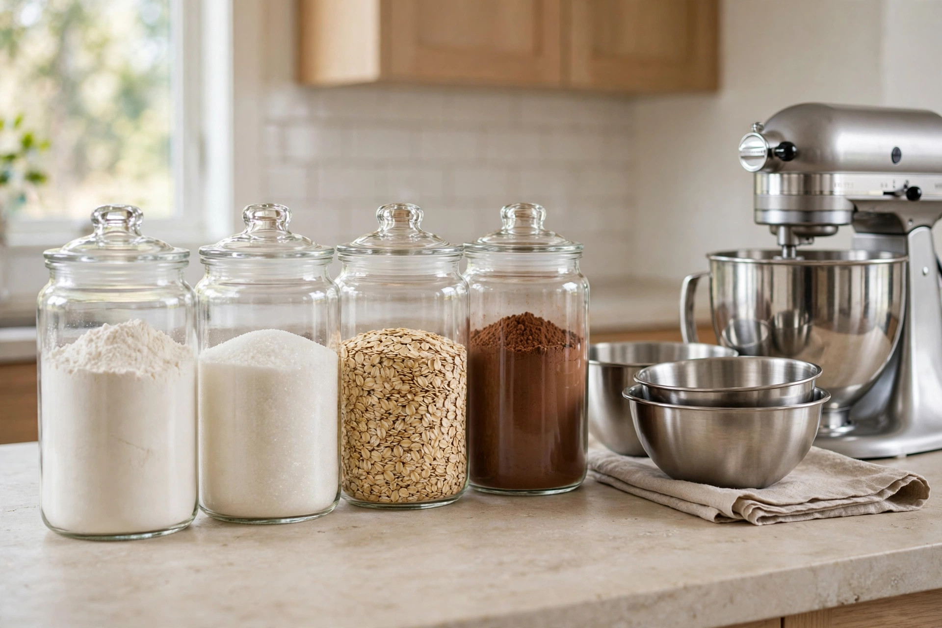 Row of clear glass canisters of flour, sugar, oats and cocoa on a clean kitchen counter beside a stand mixer and mixing bowls