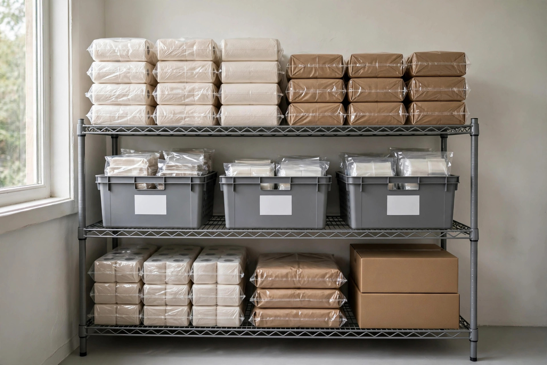 Metal shelving with neat stacks of sealed back-stock packs and grey storage bins with blank labels
