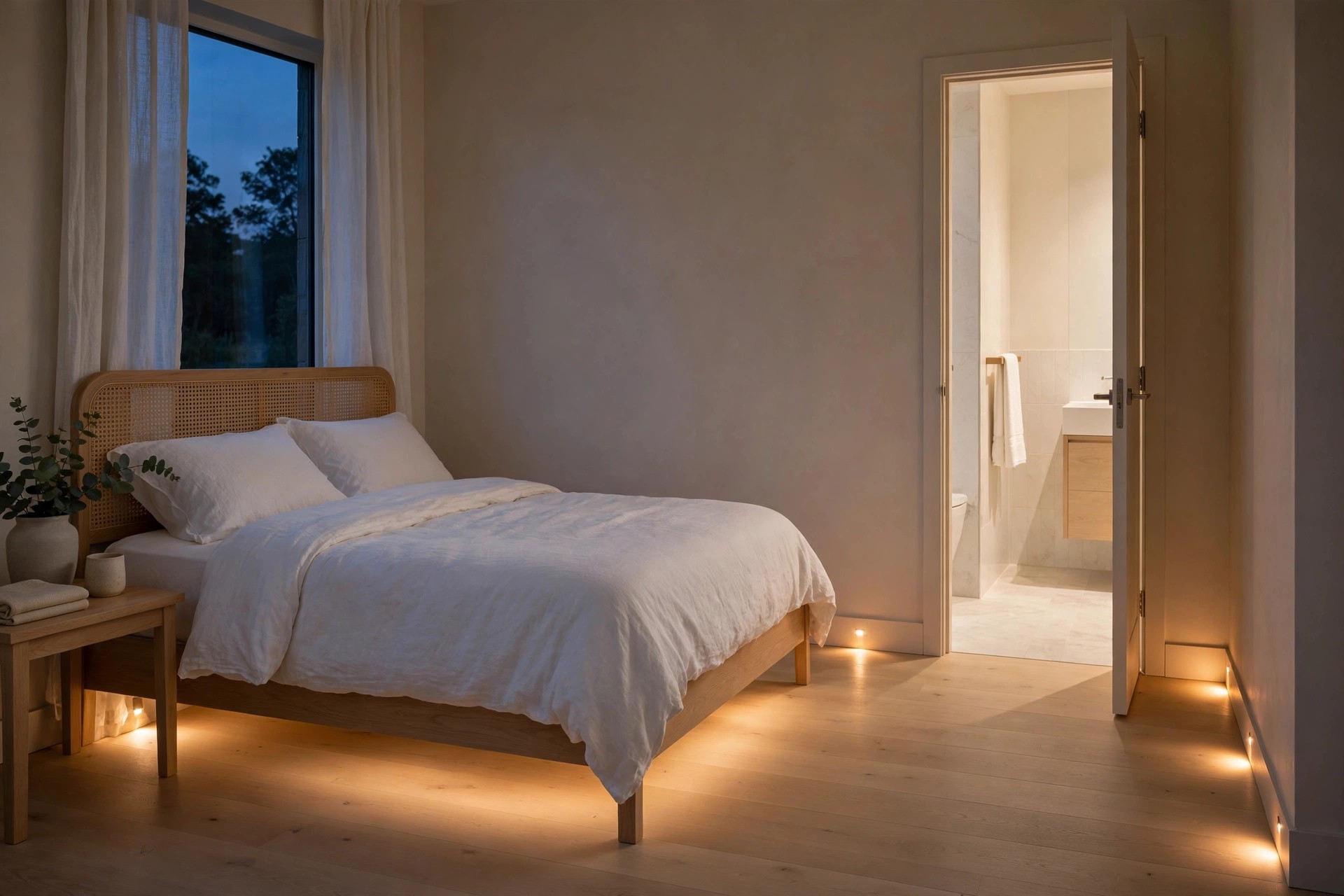 Bedroom at dusk with warm low-level night lights glowing along the path from the bed to the bathroom door