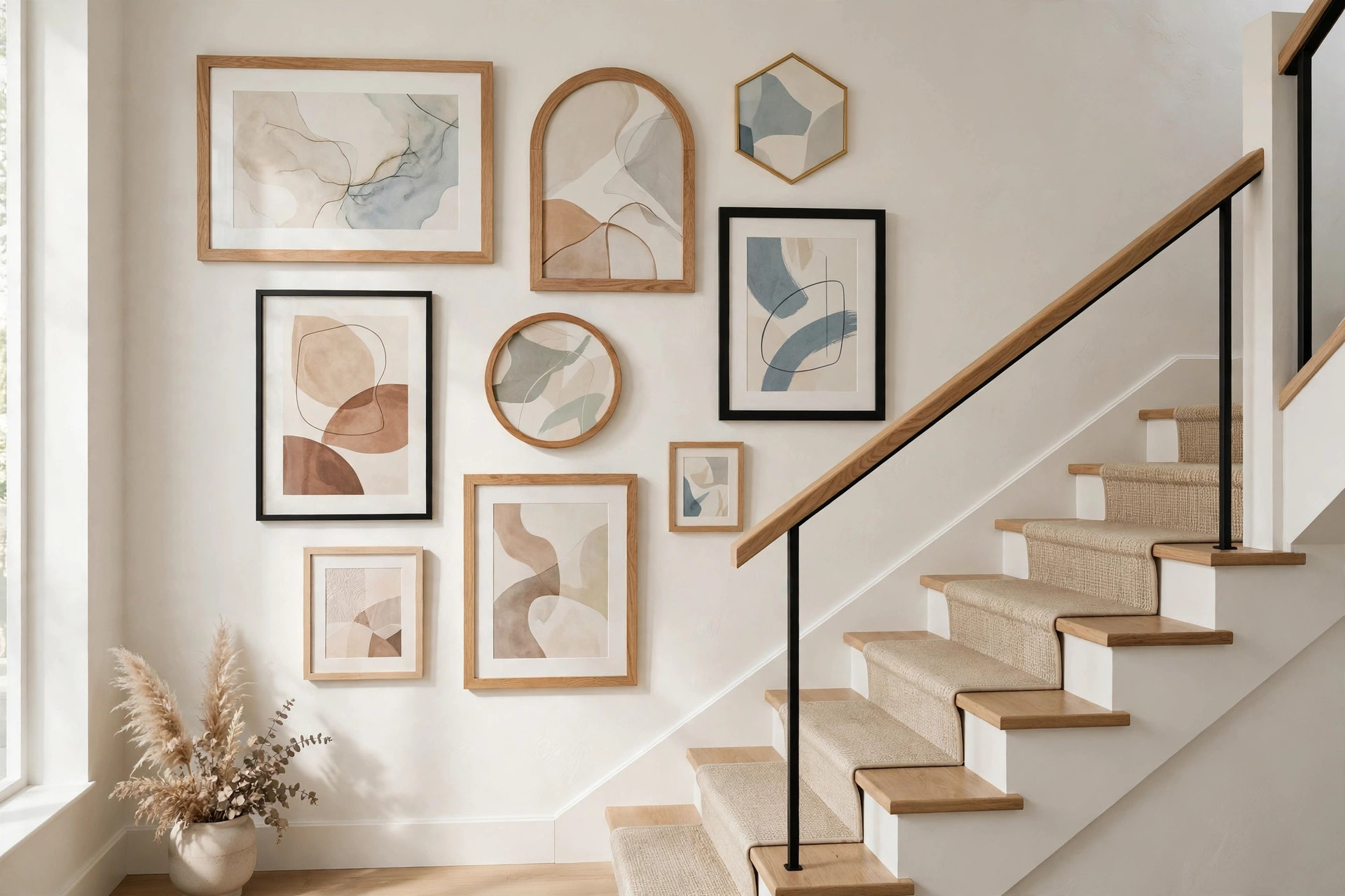 Mixed large and small frames in different shapes on a staircase gallery wall