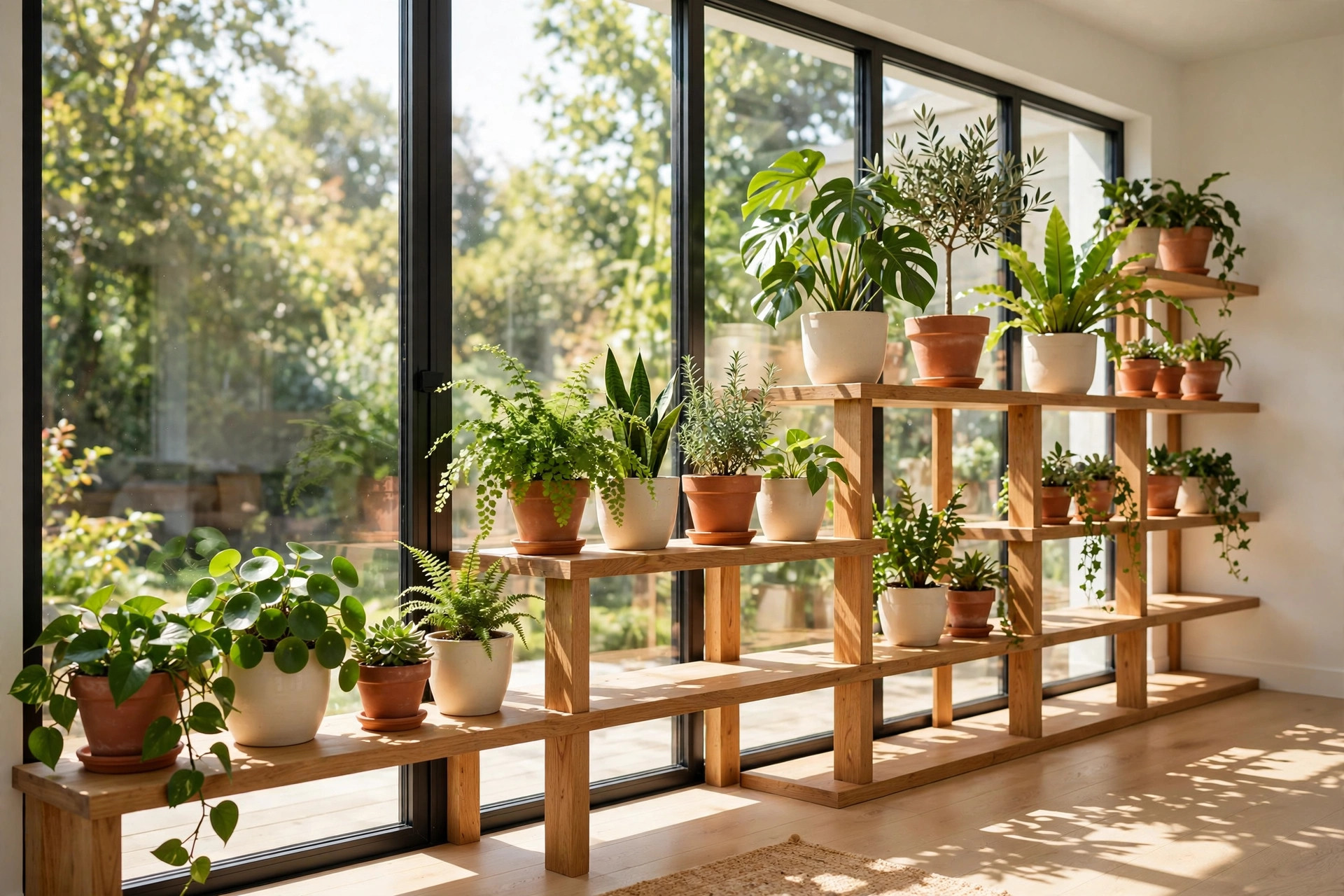 Tiered wooden shelving along a sunroom glass wall filled with healthy potted plants in terracotta and cream pots