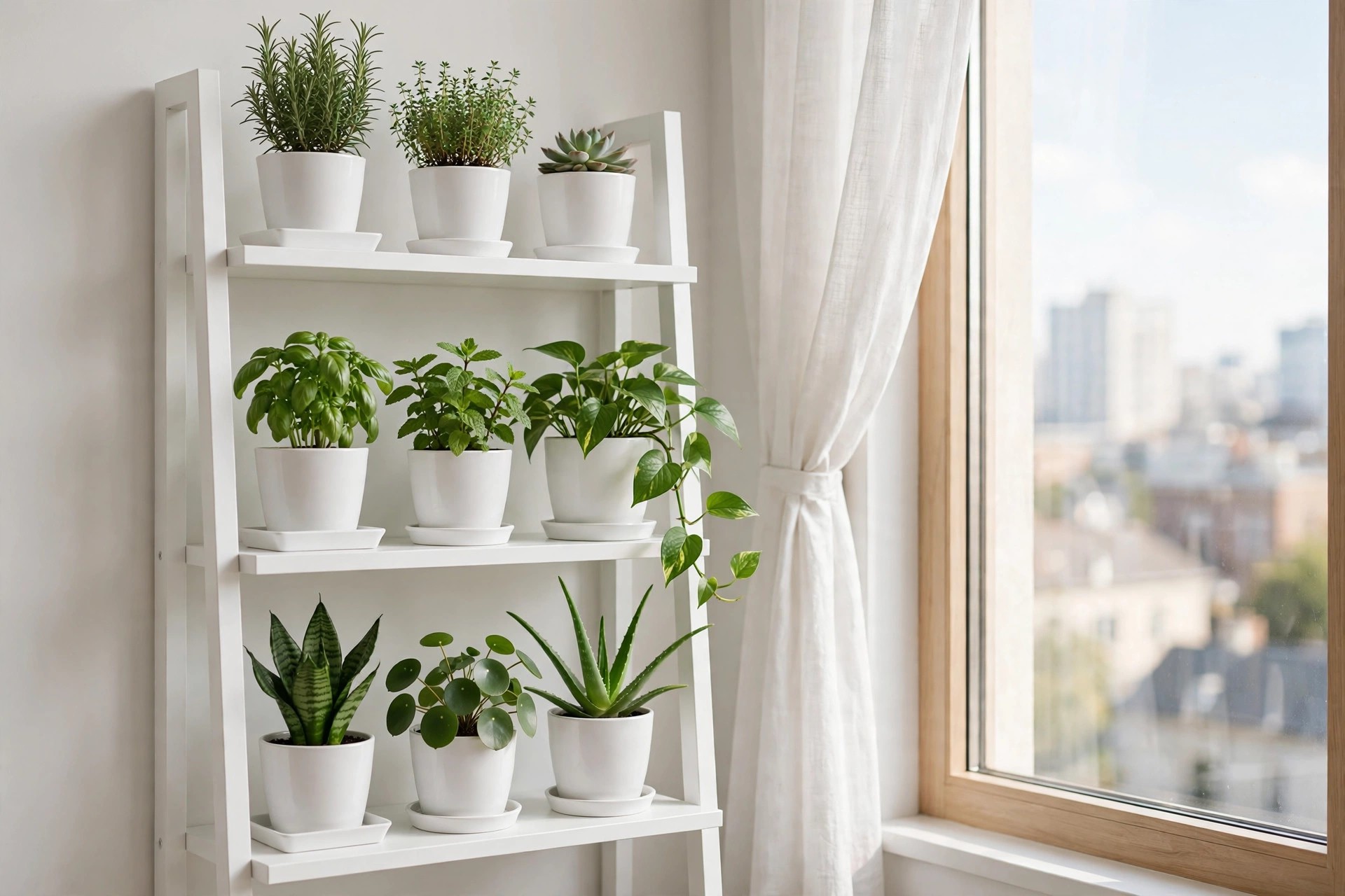 Slim white shelving unit garden beside a bright window with herbs and houseplants in white pots