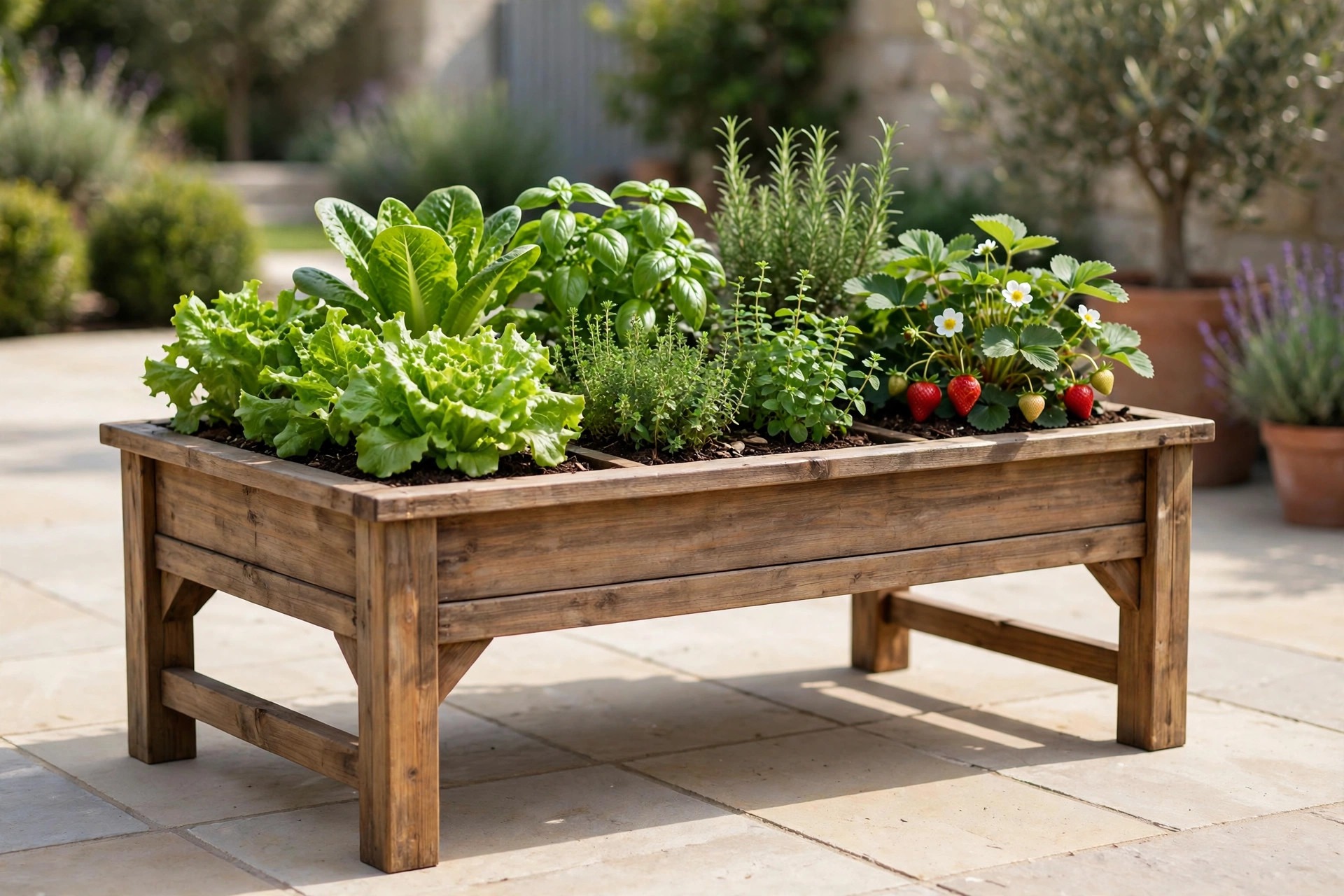 Elevated tabletop planter bed on legs growing lettuce, herbs and strawberries on a tidy patio