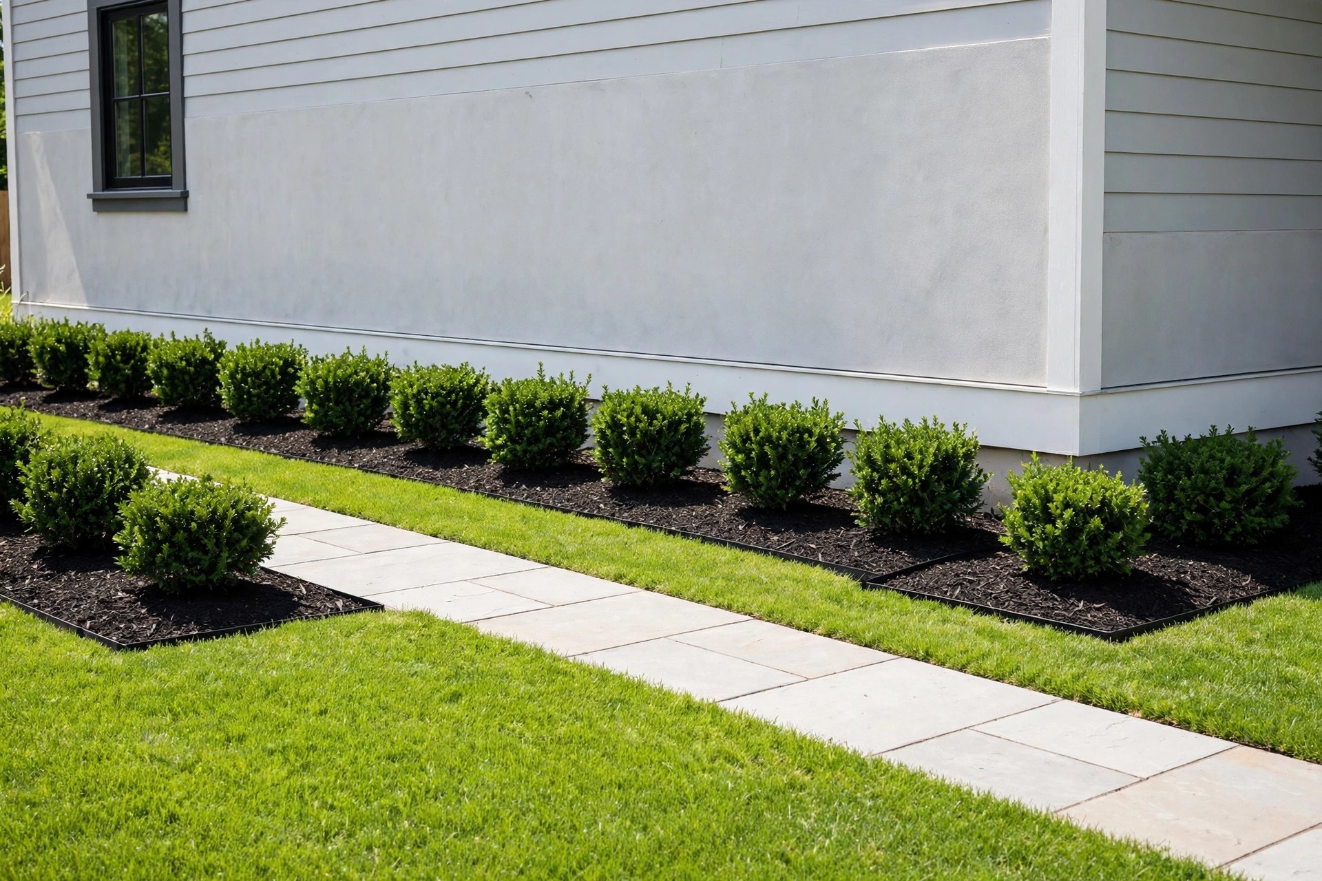 Compact evergreen shrubs in a neat mulched bed along a clean house wall