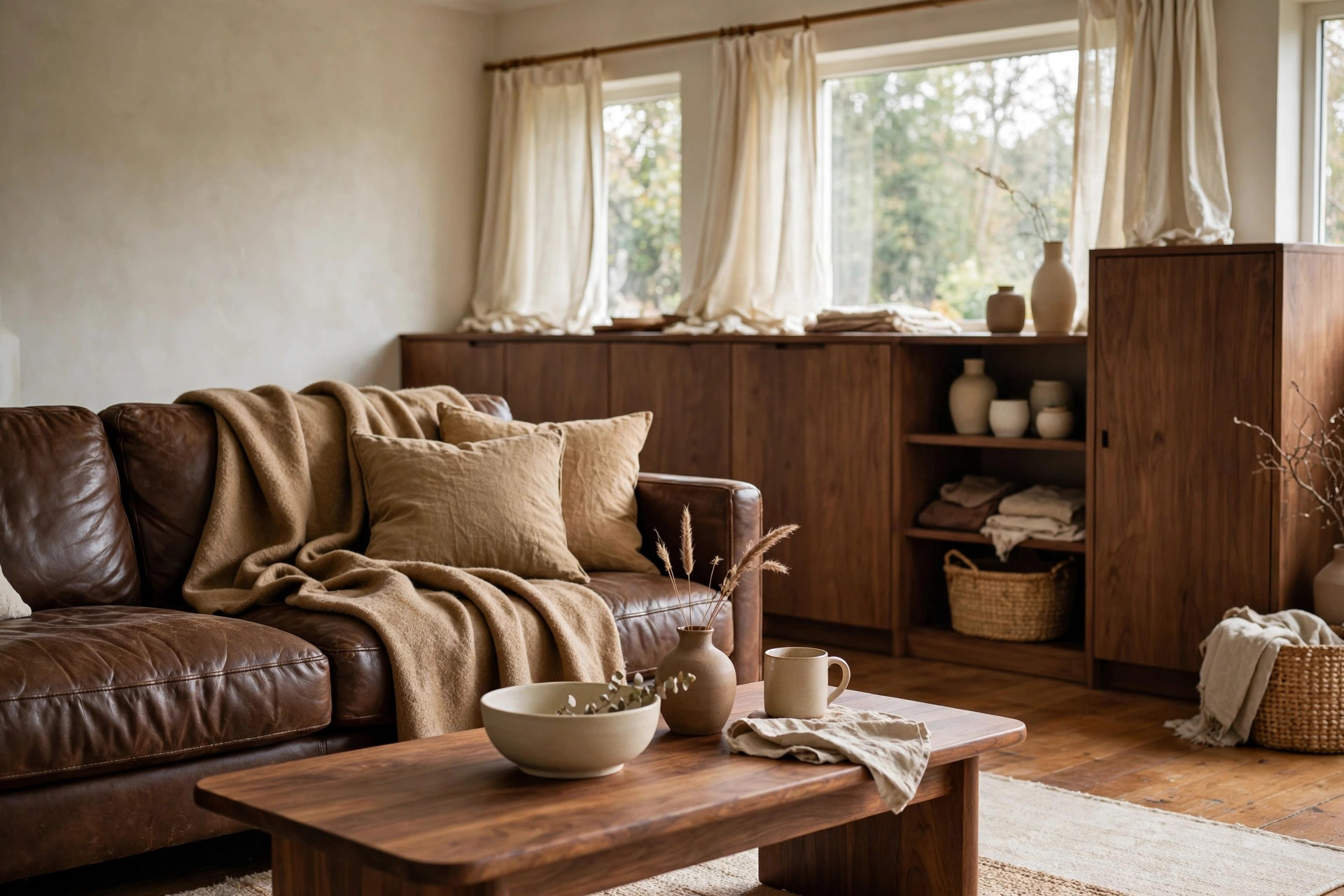 Tonal modern brown living room idea layered in chocolate, walnut and camel shades