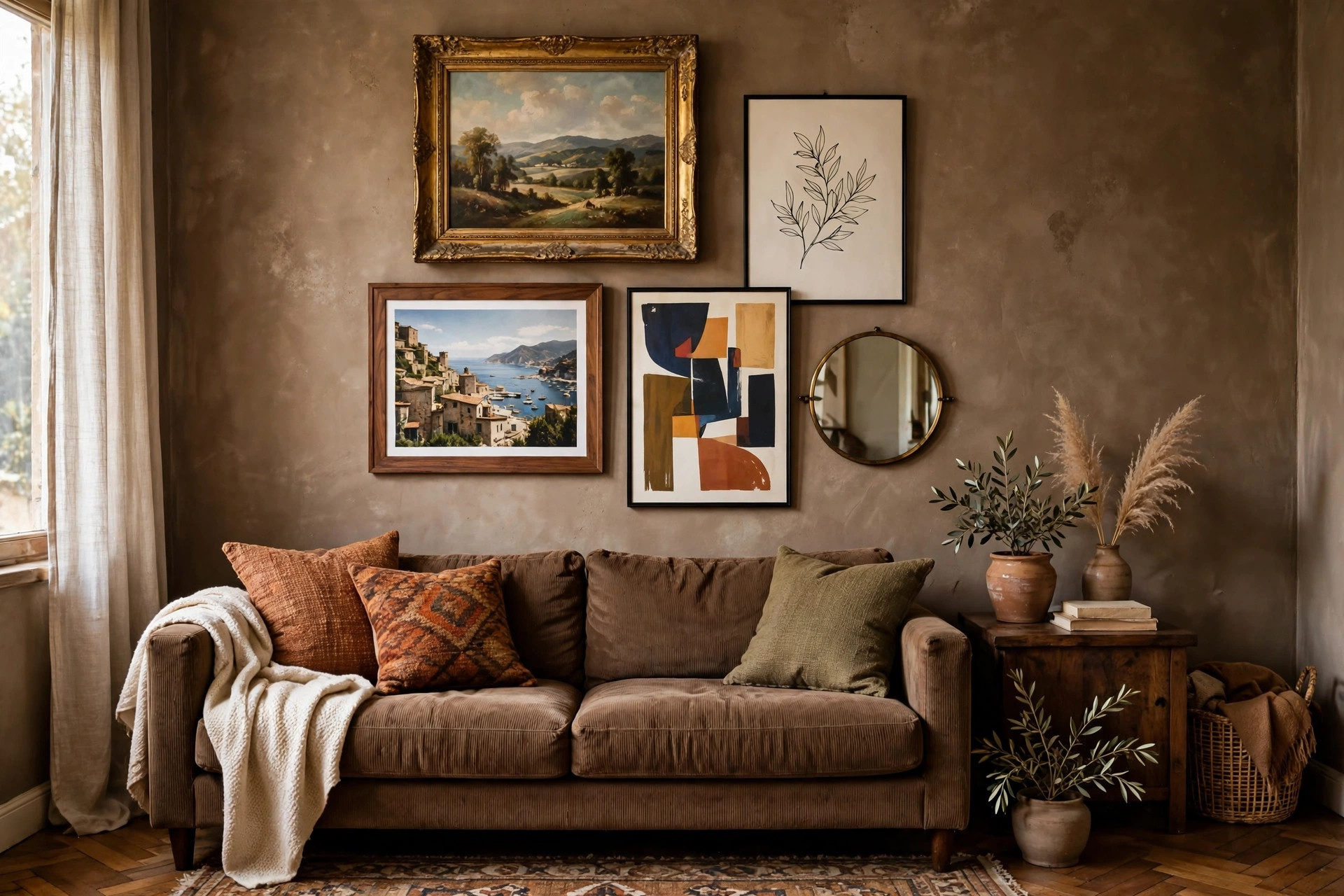 Salon-style gallery wall with mixed vintage and modern frames above a brown sofa in an eclectic living room