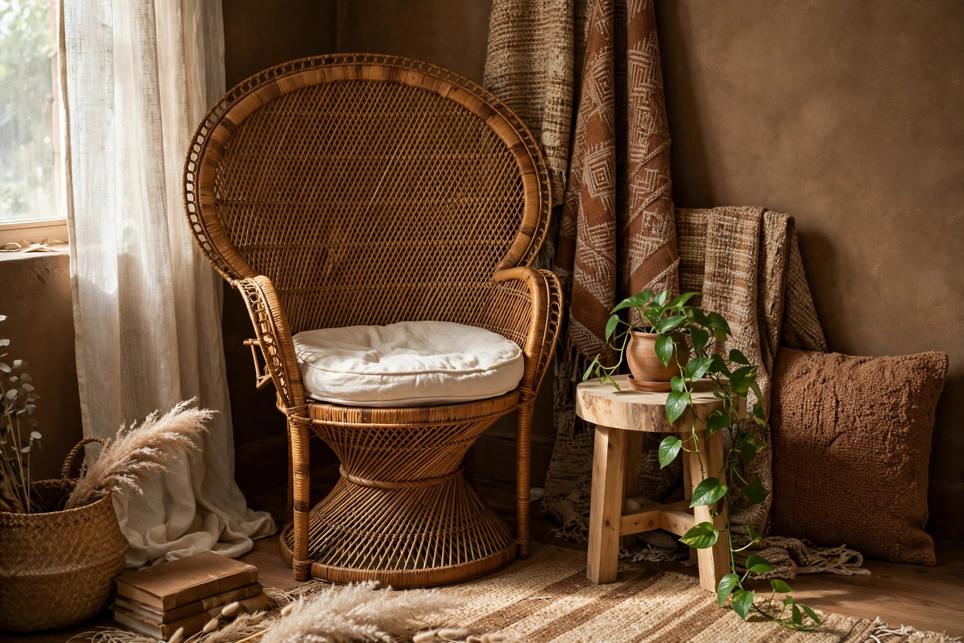 Rattan peacock chair with a cream cushion in a bohemian brown living room corner with plants