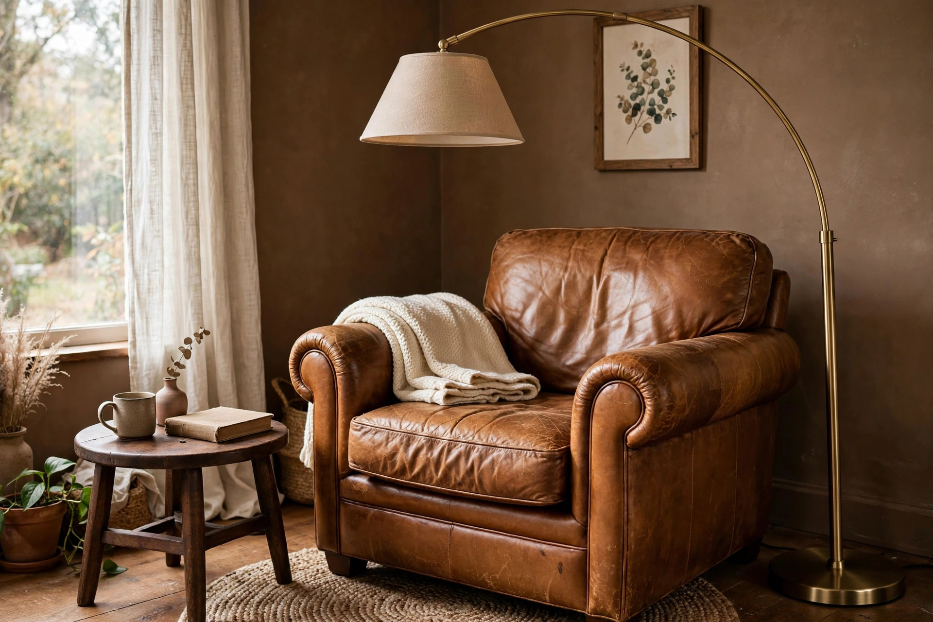 Brushed brass arc floor lamp curving over a caramel leather reading chair in a brown and gold living room