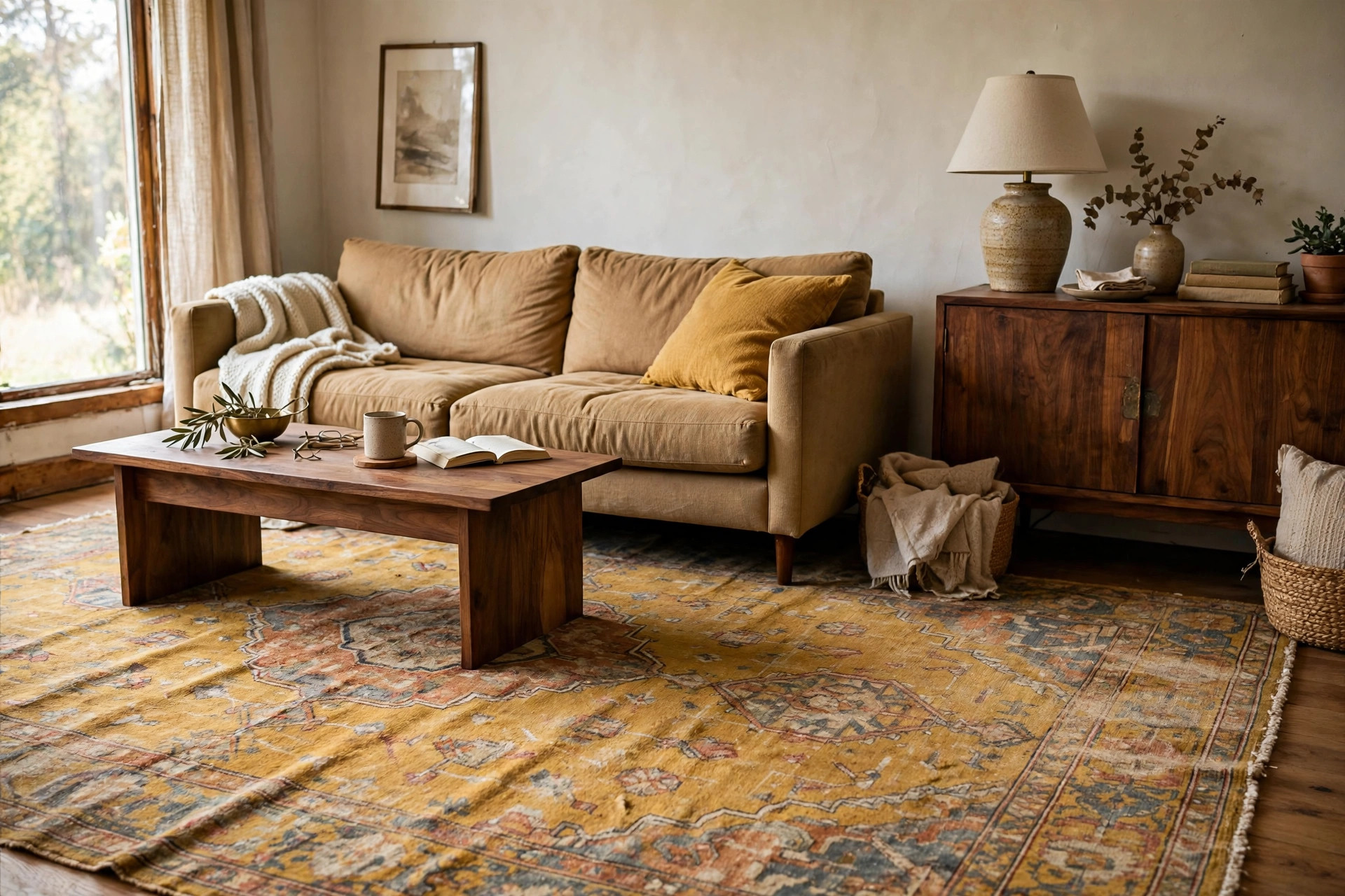 Ochre area rug with walnut furniture and tan sofa in a brown and yellow living room
