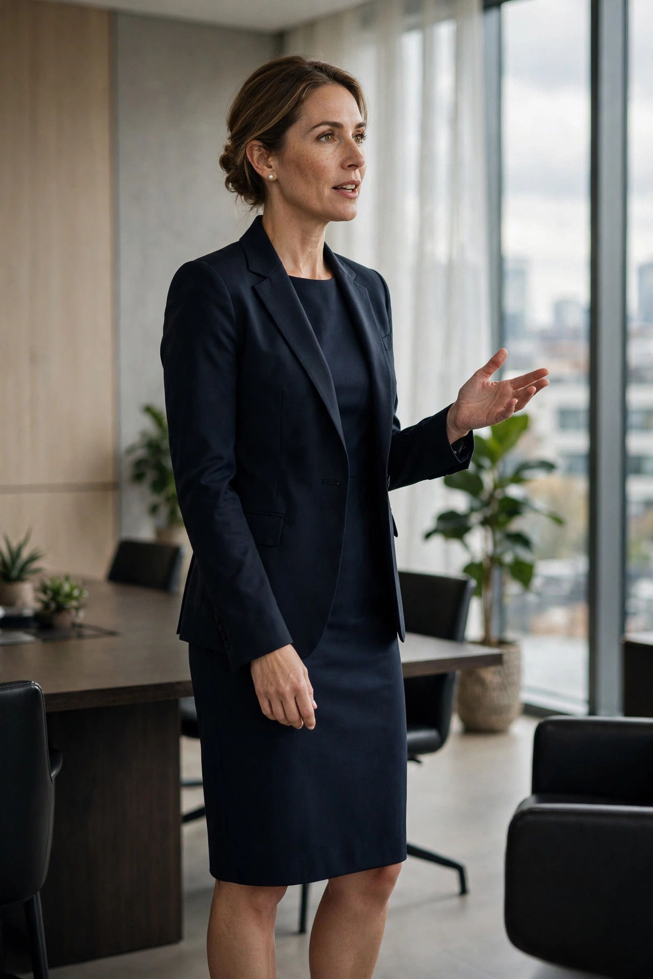 Woman presenting in a navy sheath dress with a structured blazer — polished office outfit for women in a male-dominated workplace