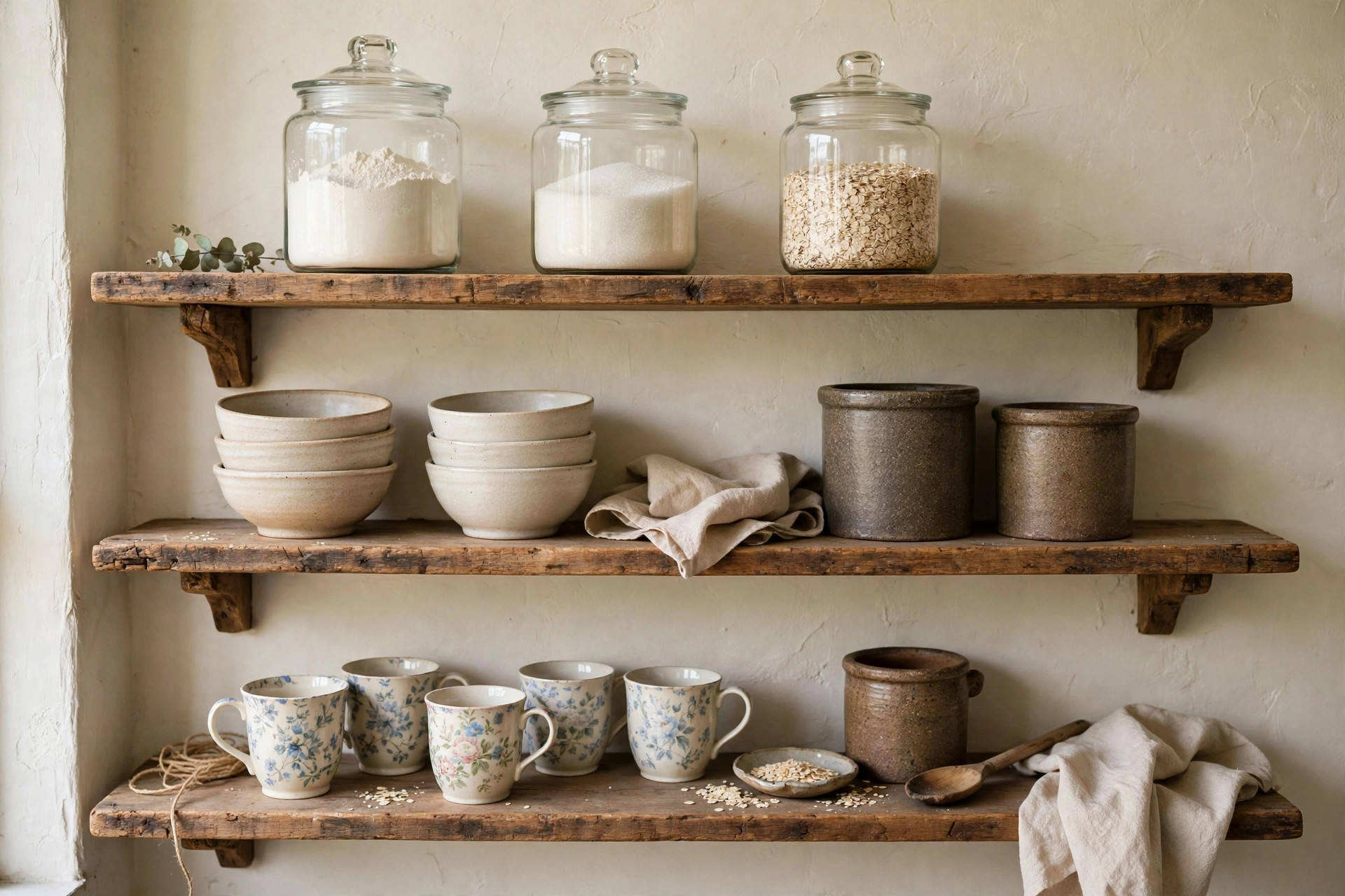 Open wooden kitchen shelves with clear glass jars of flour and oats, stacked bowls and stoneware crocks