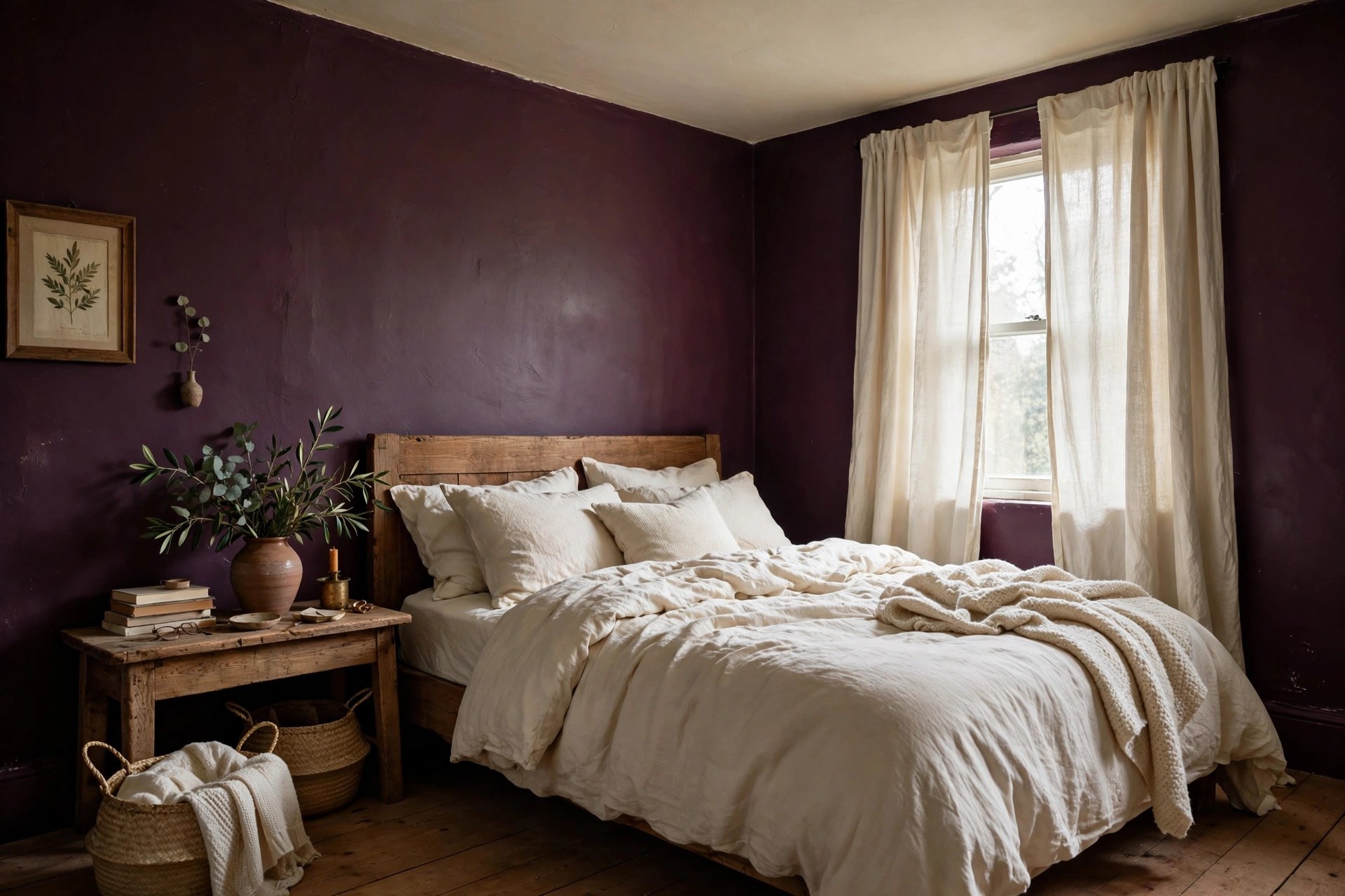 Colour-drenched plum noir bedroom with deep plum walls and a pale cream ceiling