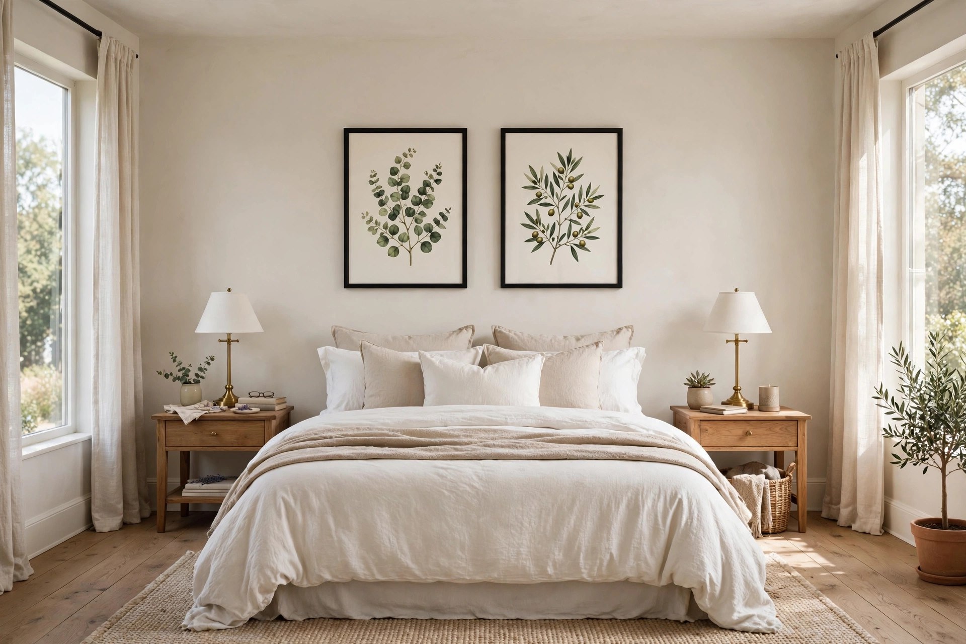 Pair of matching framed botanical prints in black frames above a bed without a headboard