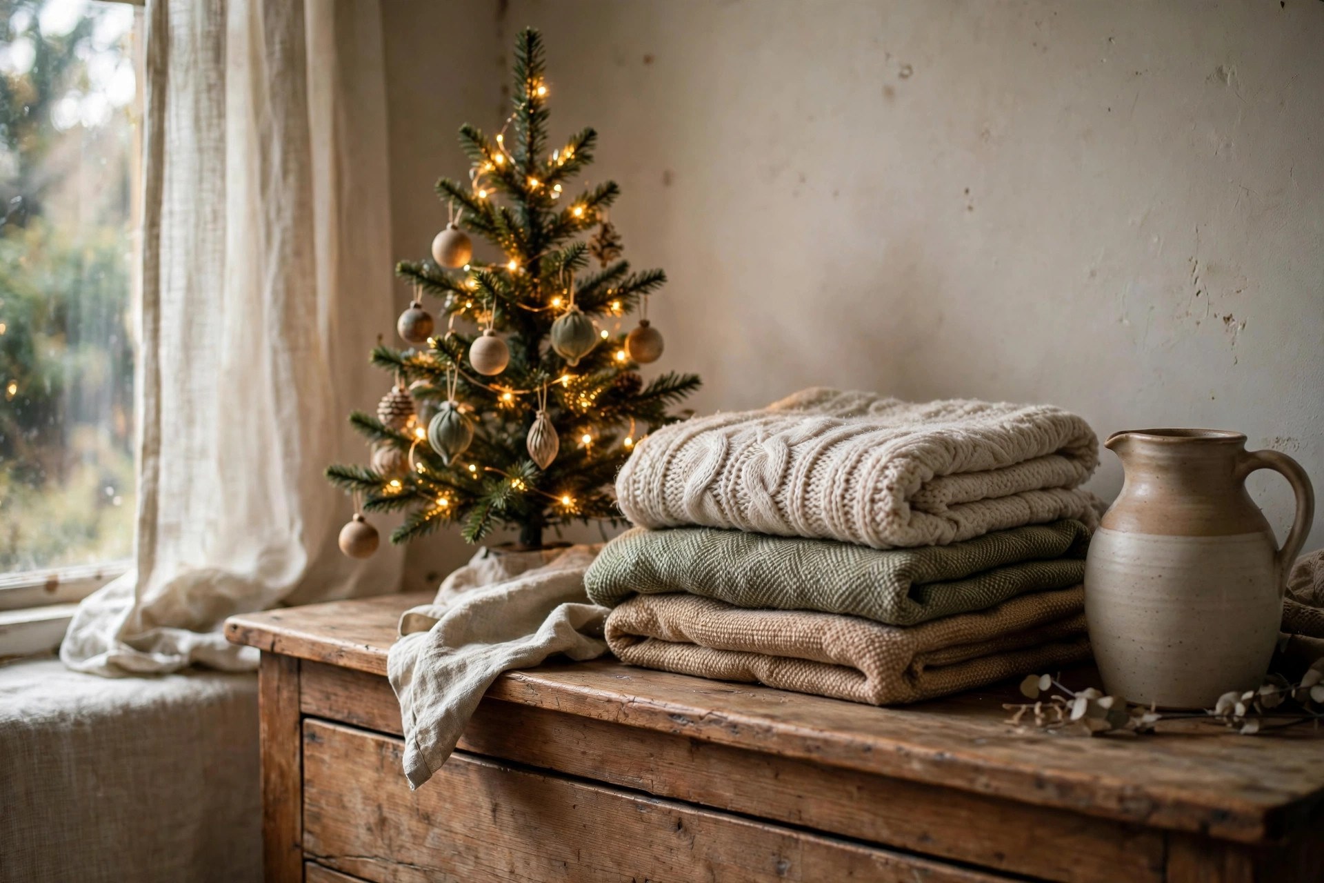 Small tabletop Christmas tree on a bedroom dresser with warm fairy lights and pinecones