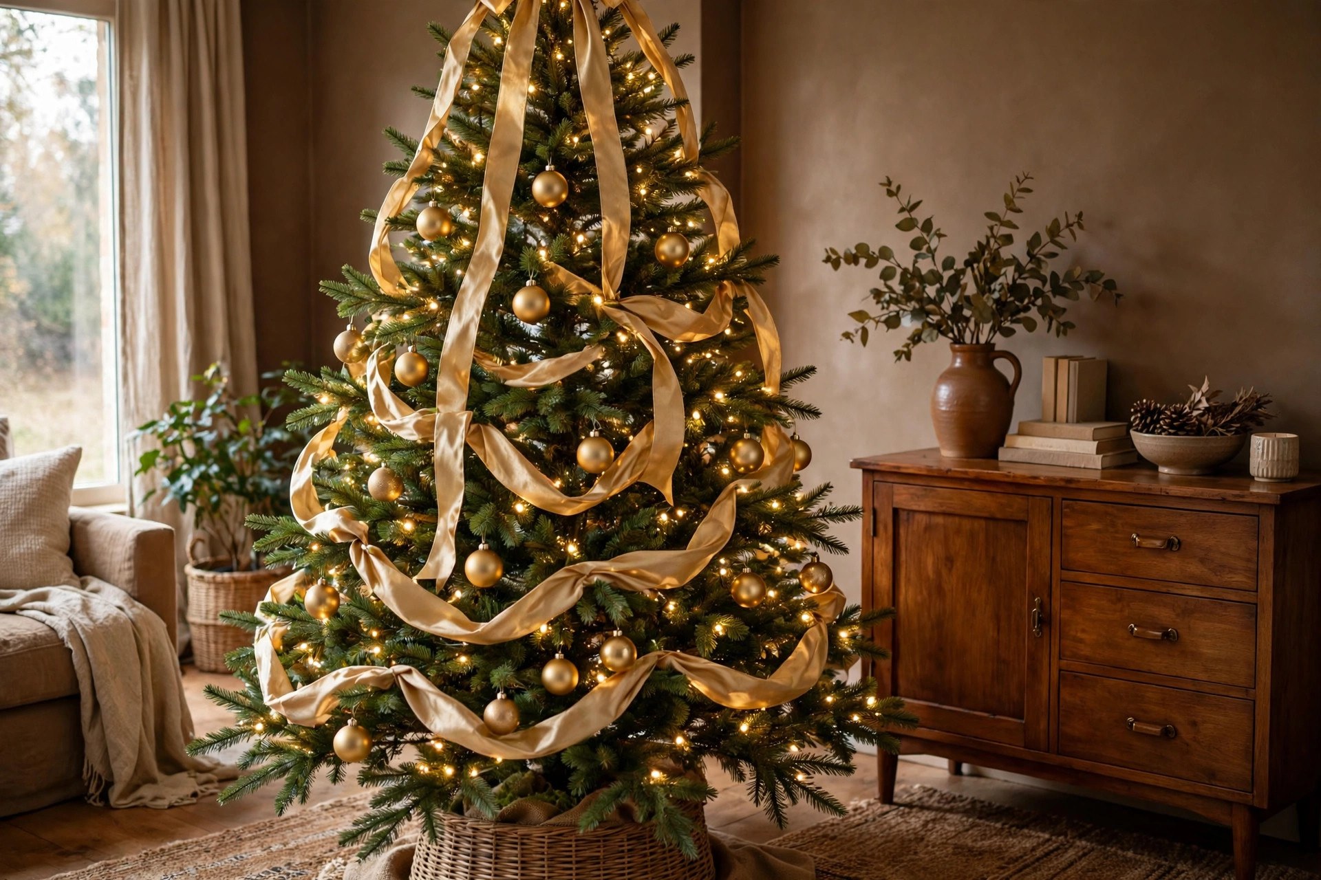 Christmas tree decorated with wide gold ribbon cascades and warm white lights in a brown living room