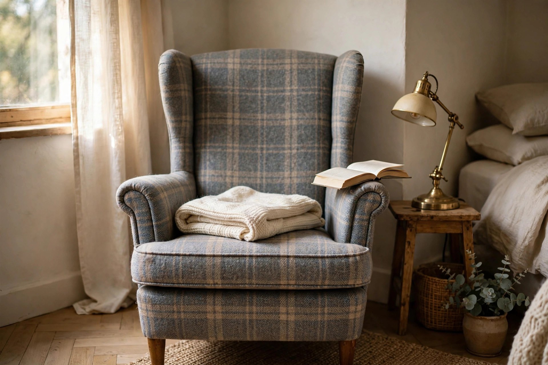 Compact plaid wingback chair styled as a cosy reading chair in a small bedroom corner with a brass reading lamp
