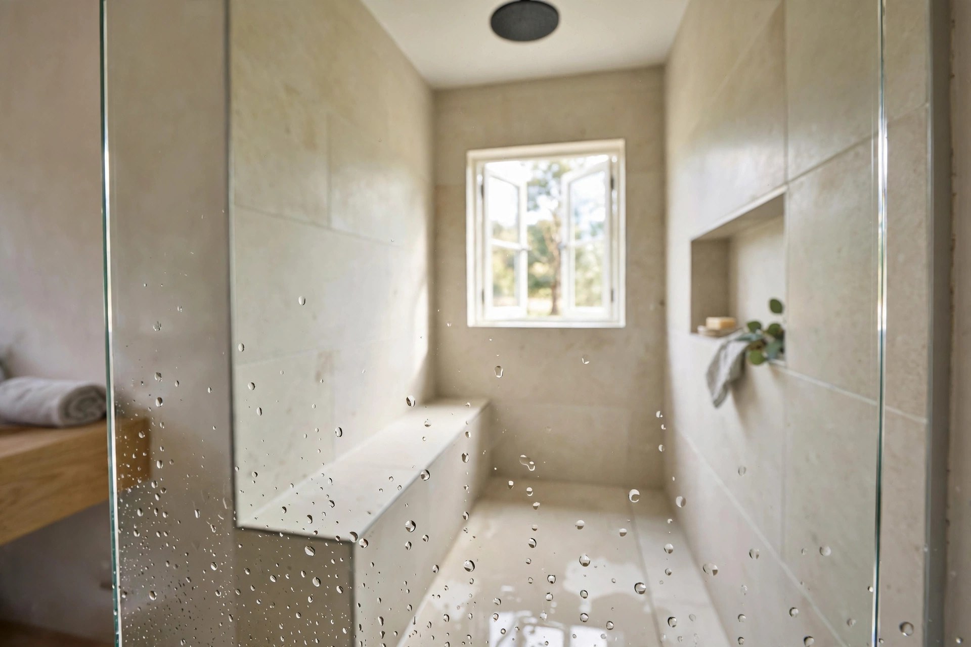 Frameless glass shower panel in a small bright bathroom with a walk-in shower