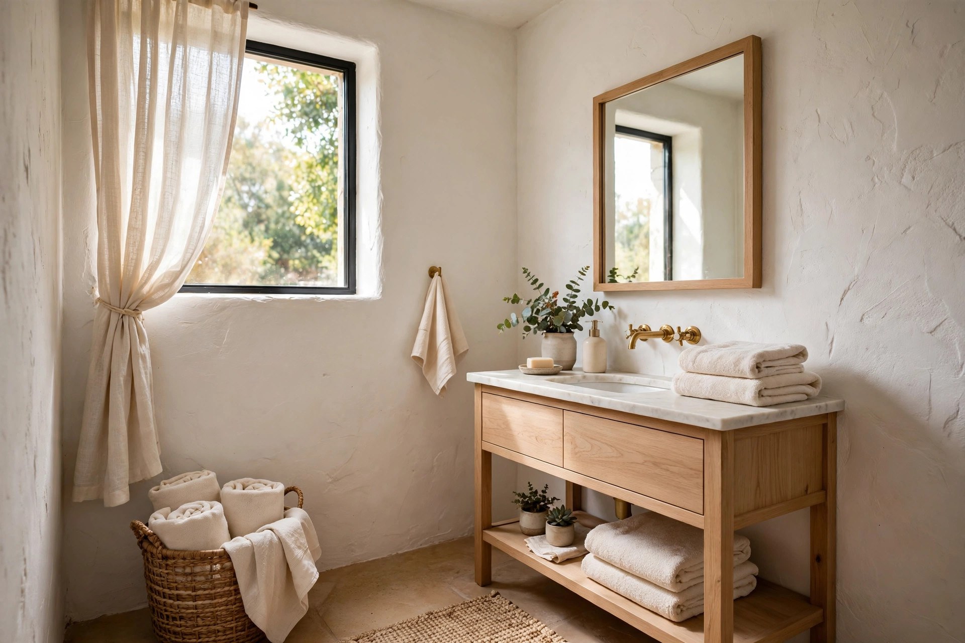 Warm white painted bathroom walls with a light wood vanity in a budget bathroom makeover