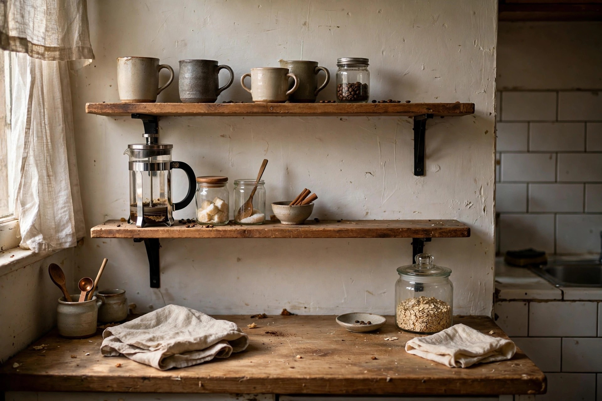 Open wooden shelves above a small kitchen counter holding mugs, coffee jars and a French press