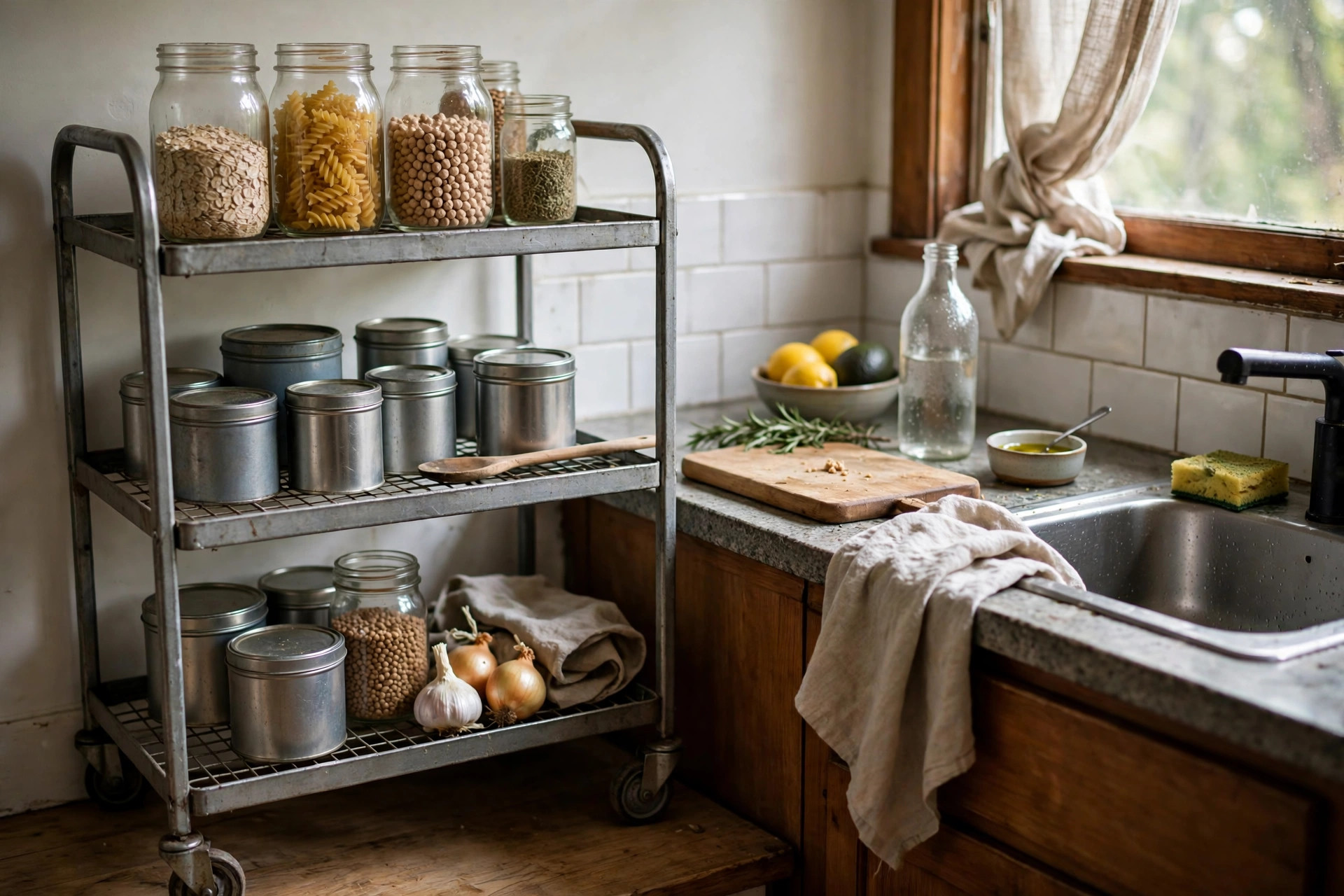 Rolling cart used as a mobile pantry beside a small apartment kitchen counter